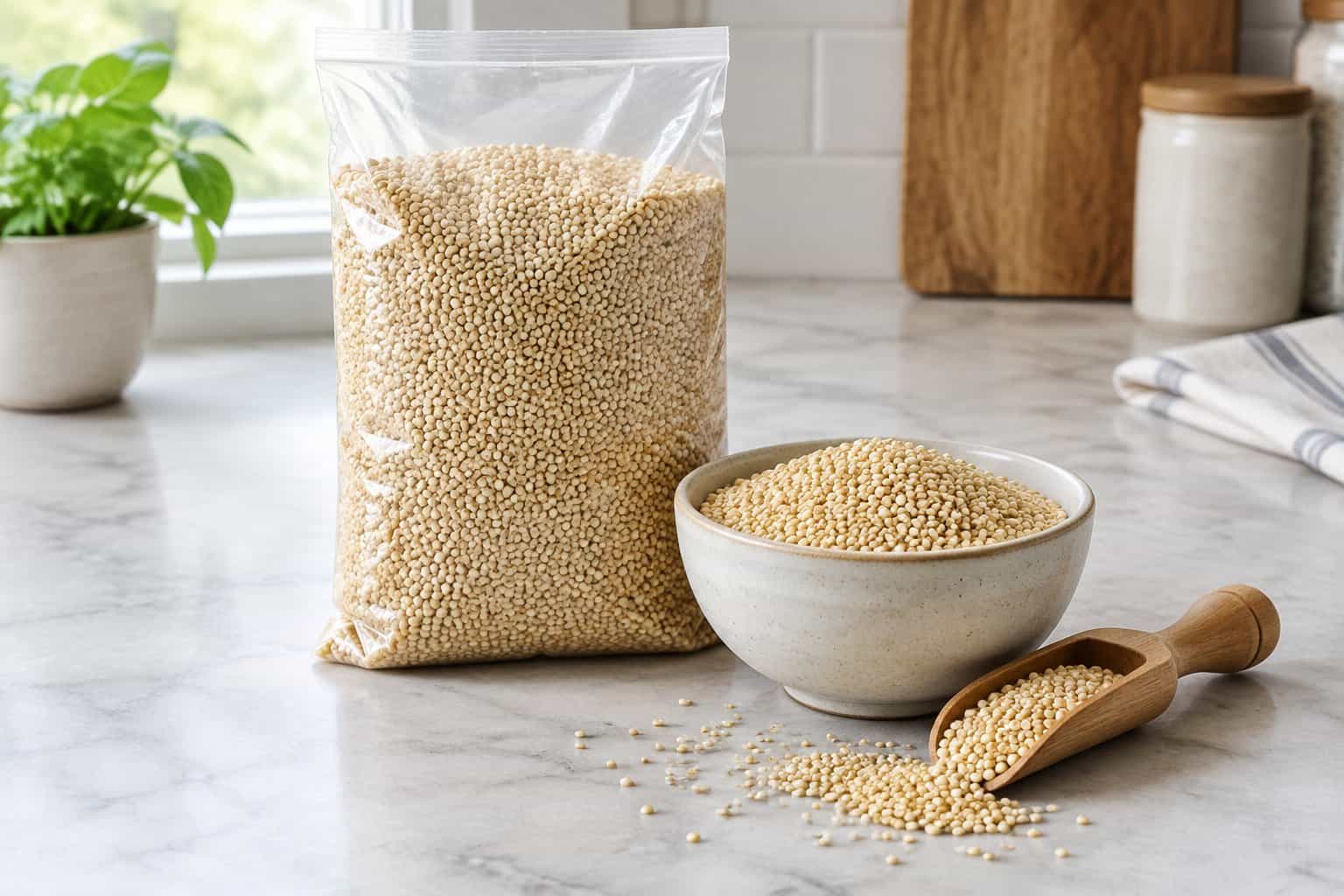 A bowl of uncooked quinoa beside a plain bag of quinoa on a kitchen counter.