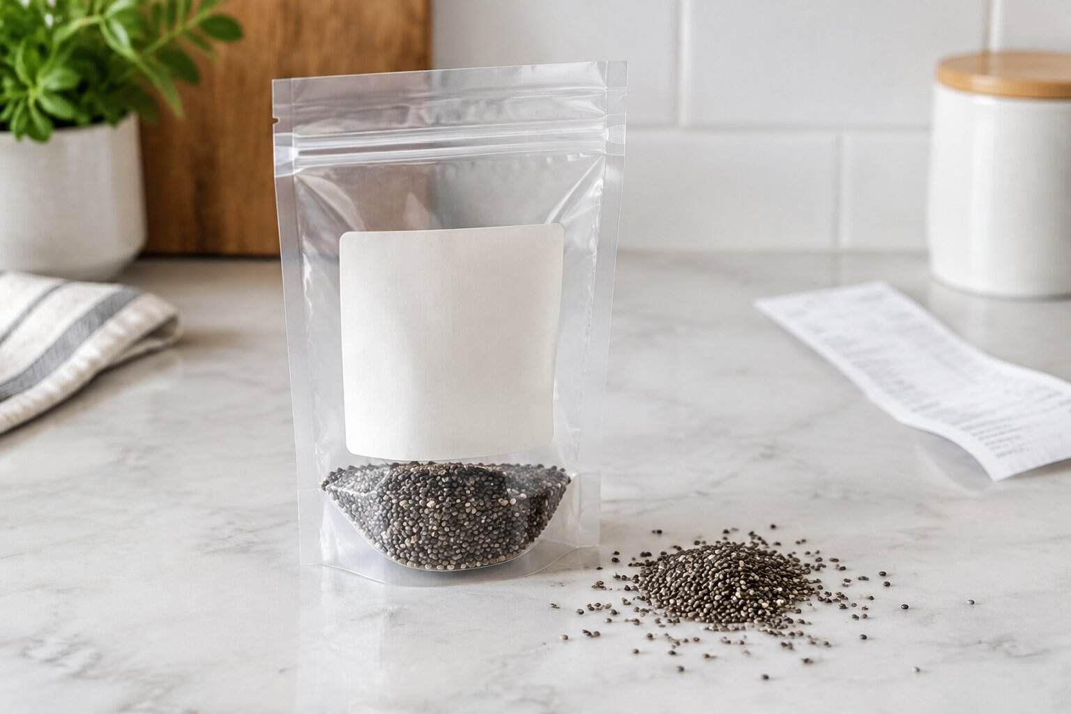 A pouch of chia seeds with a few seeds scattered on a kitchen counter beside a receipt.