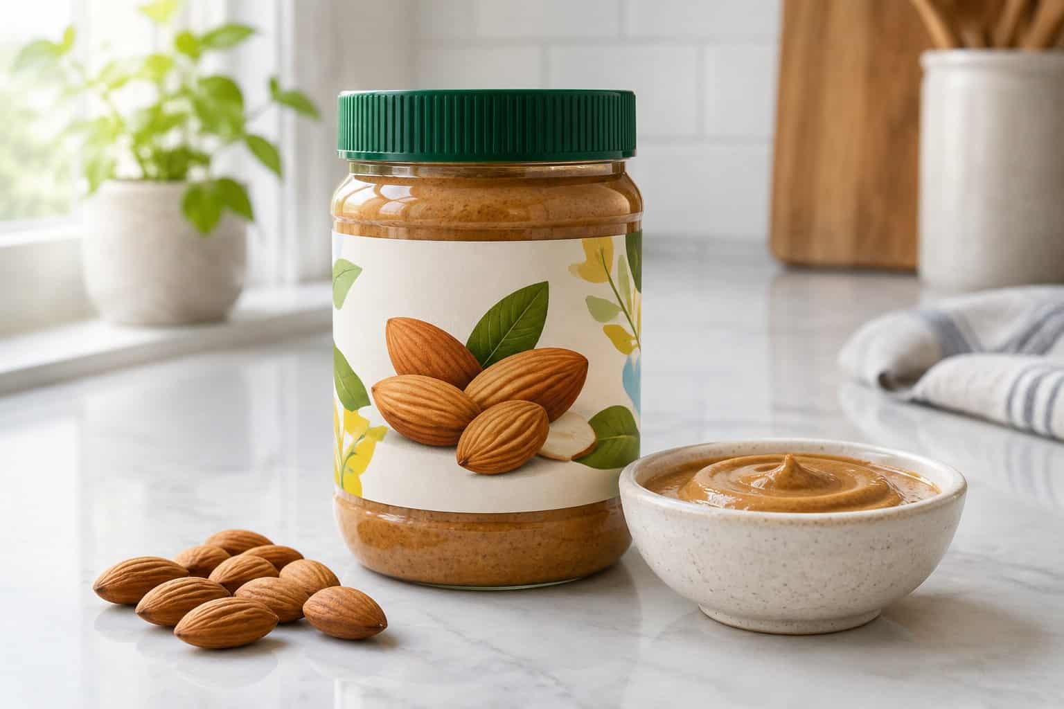 A jar of almond butter beside a small dish of almond butter and several almonds on a kitchen counter.