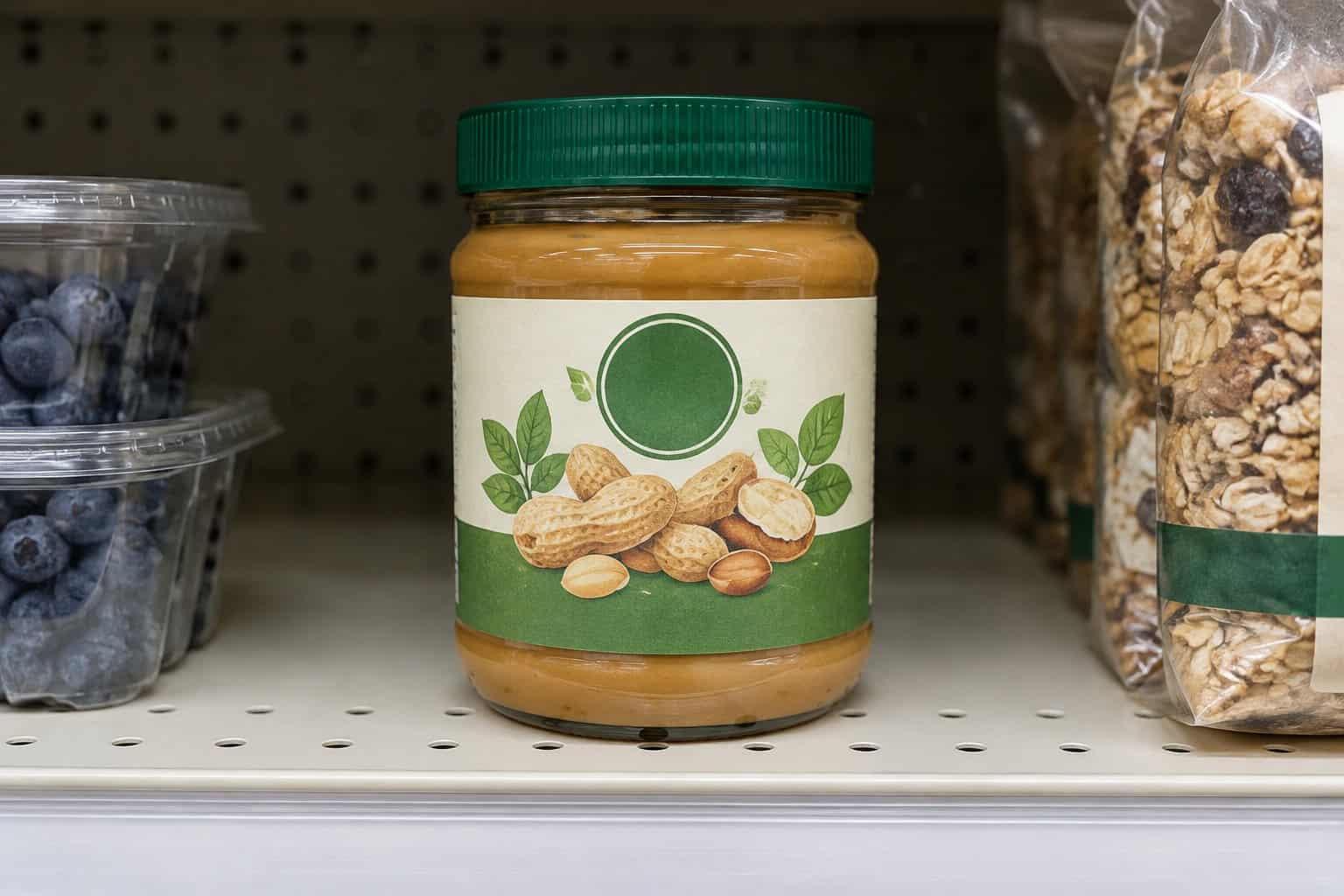 A jar of peanut butter on a grocery store shelf.