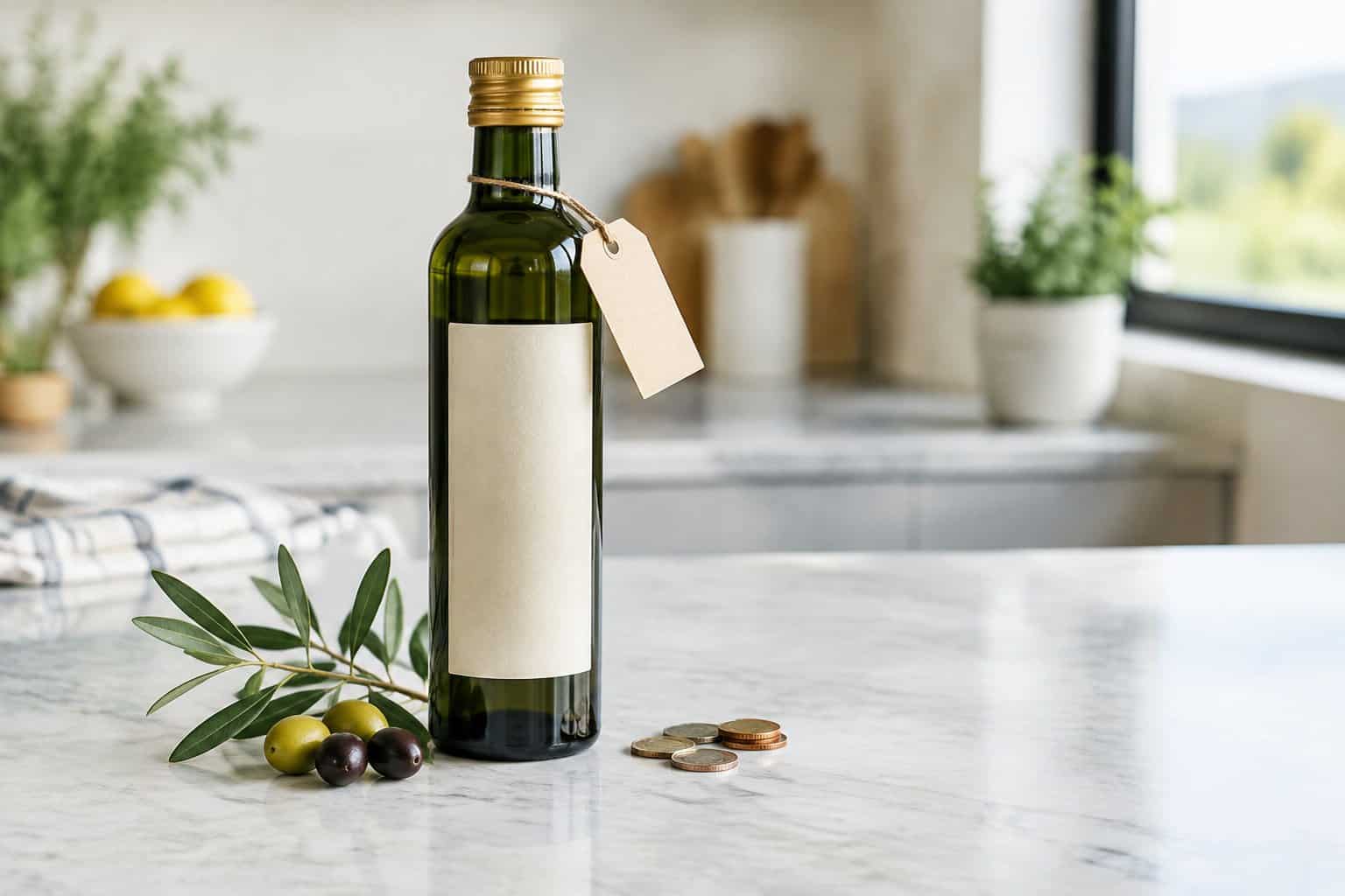 A bottle of olive oil beside olives and a few coins on a kitchen counter.