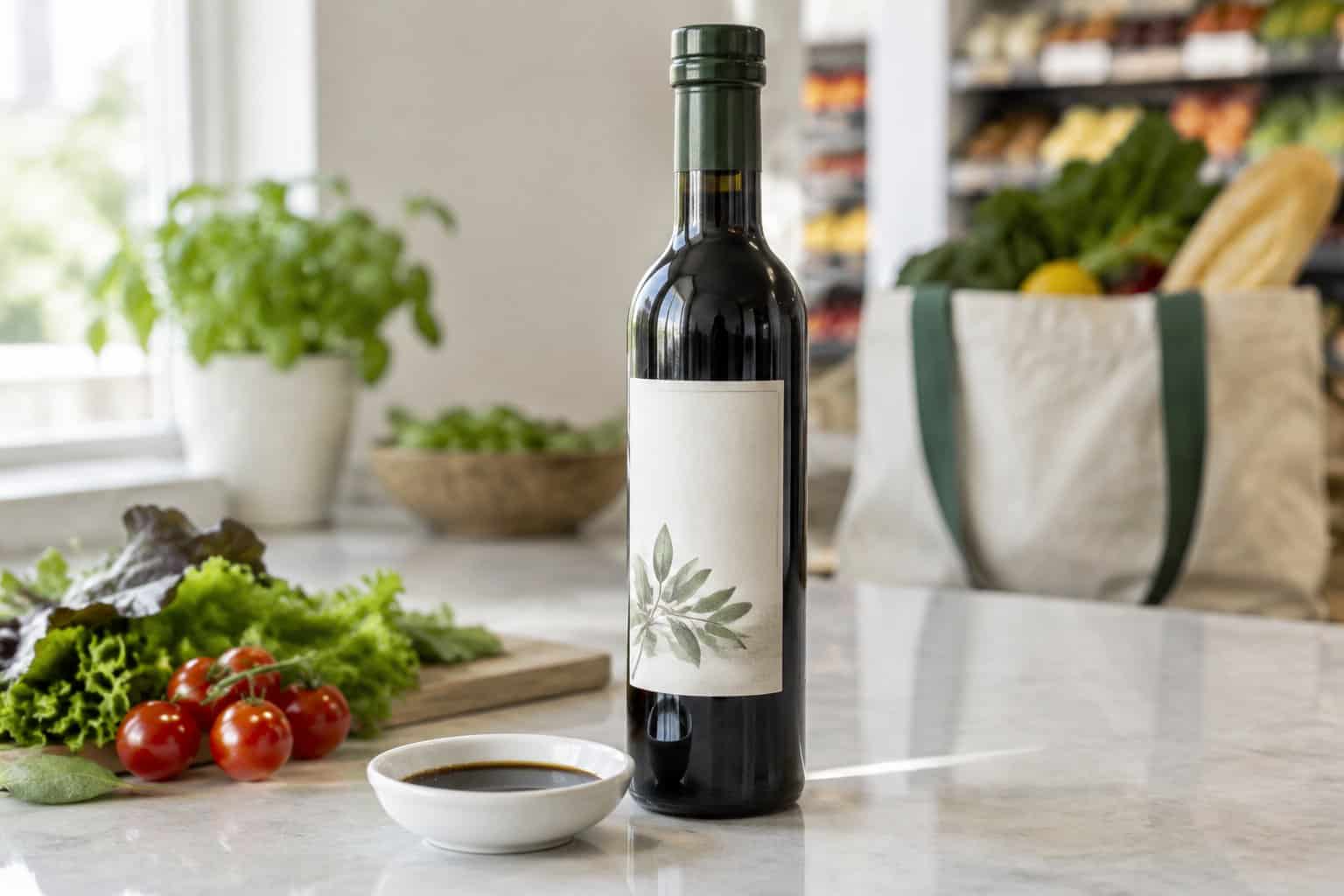 A dark bottle of balsamic vinegar on a kitchen counter beside salad ingredients.