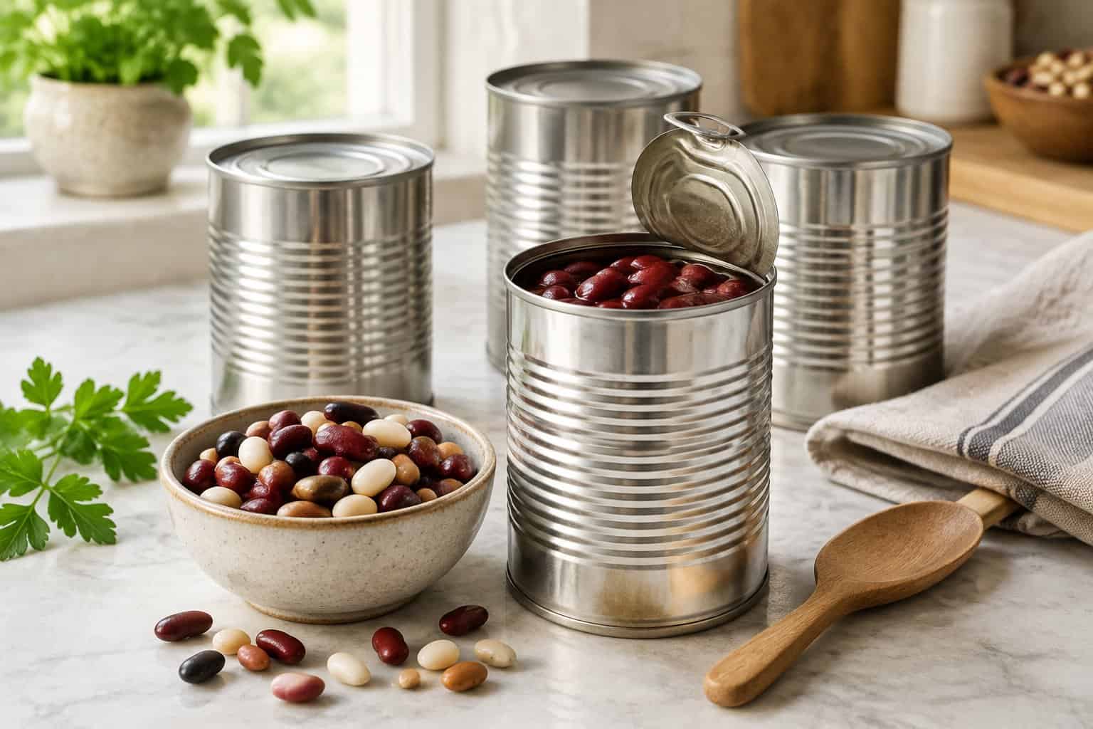 Cans of beans sit beside a bowl of mixed beans on a kitchen counter.