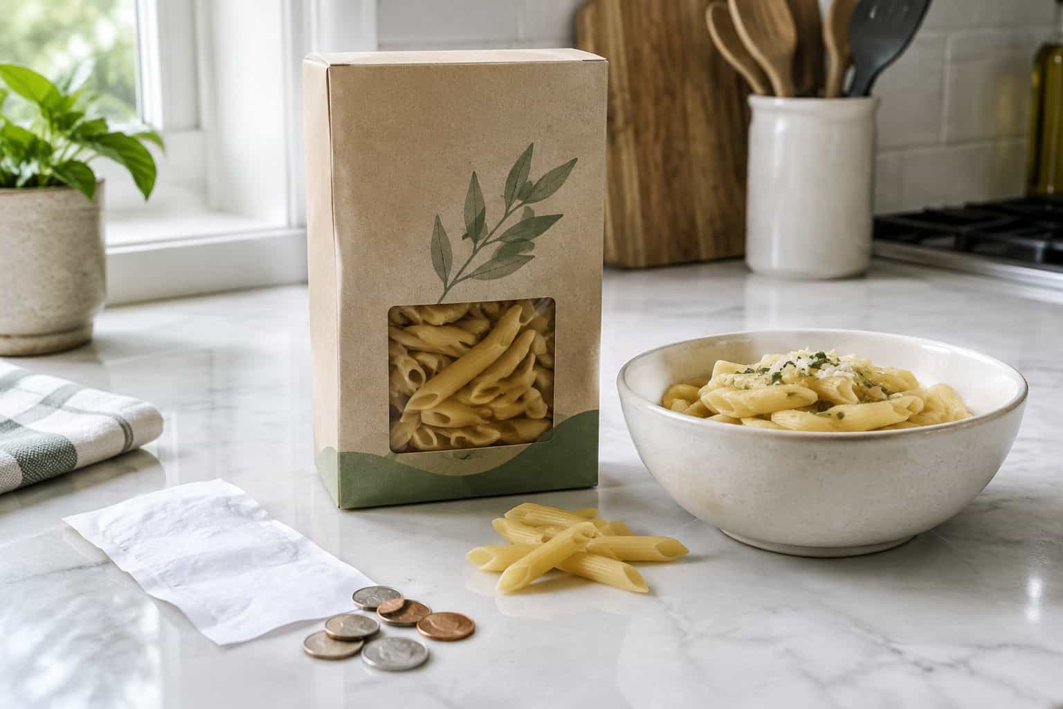 A box of pasta beside a bowl of cooked pasta, a grocery receipt, and coins on a kitchen counter.