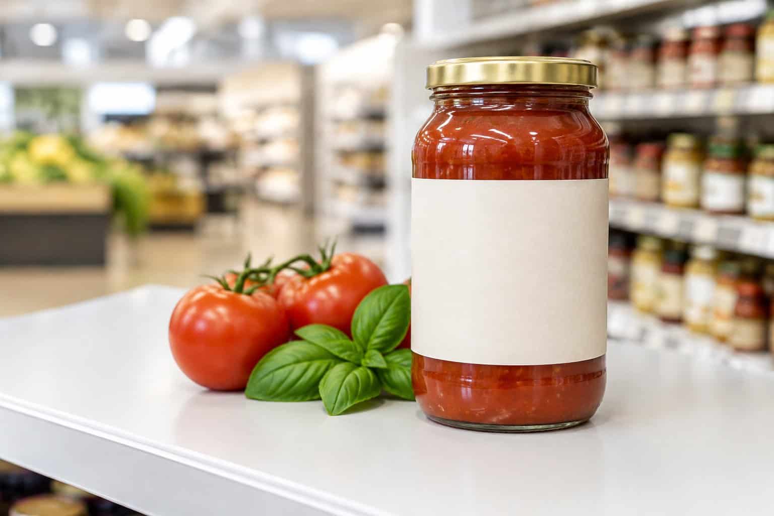 A jar of tomato sauce sits beside tomatoes and basil on a grocery shelf.