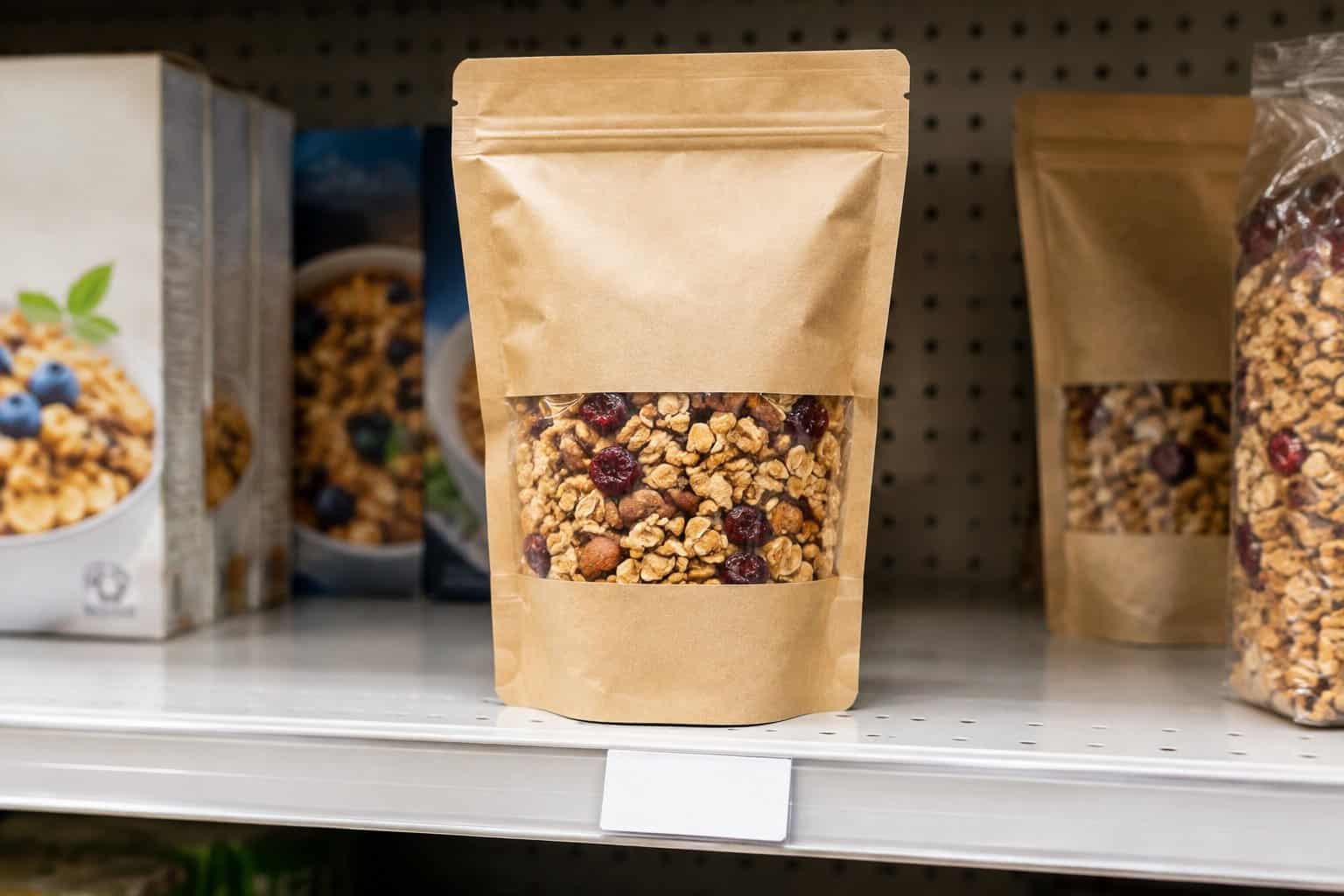 A pouch of granola sits on a grocery store shelf.