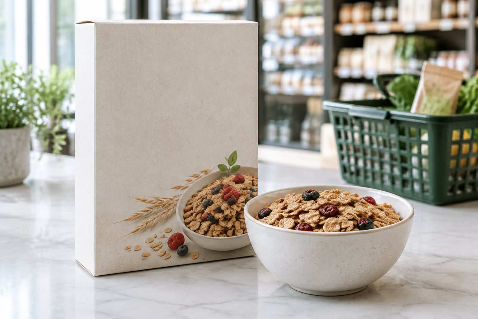 A bowl of oat cereal with dried berries beside a plain cereal box on a countertop.