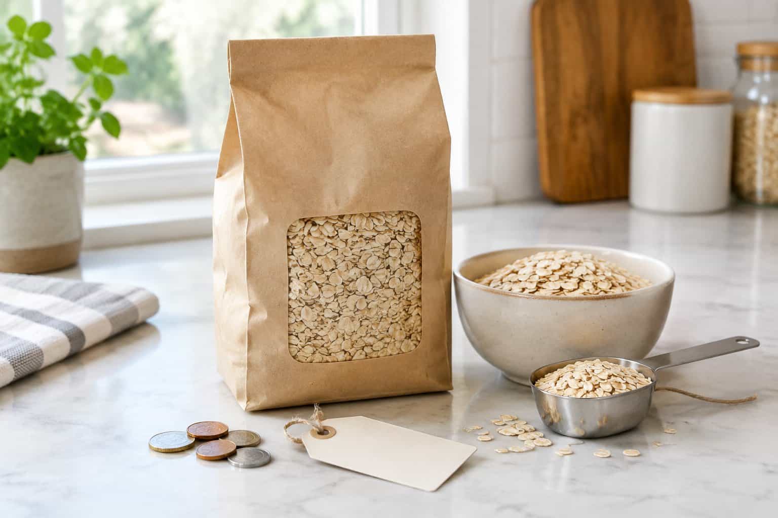 A bag of rolled oats sits beside a bowl of oats, a scoop, and a few coins.