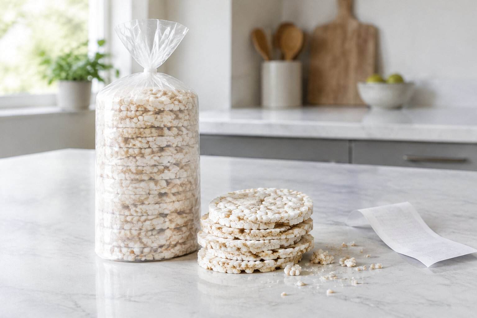 A package of rice cakes beside a small stack of rice cakes on a kitchen counter.