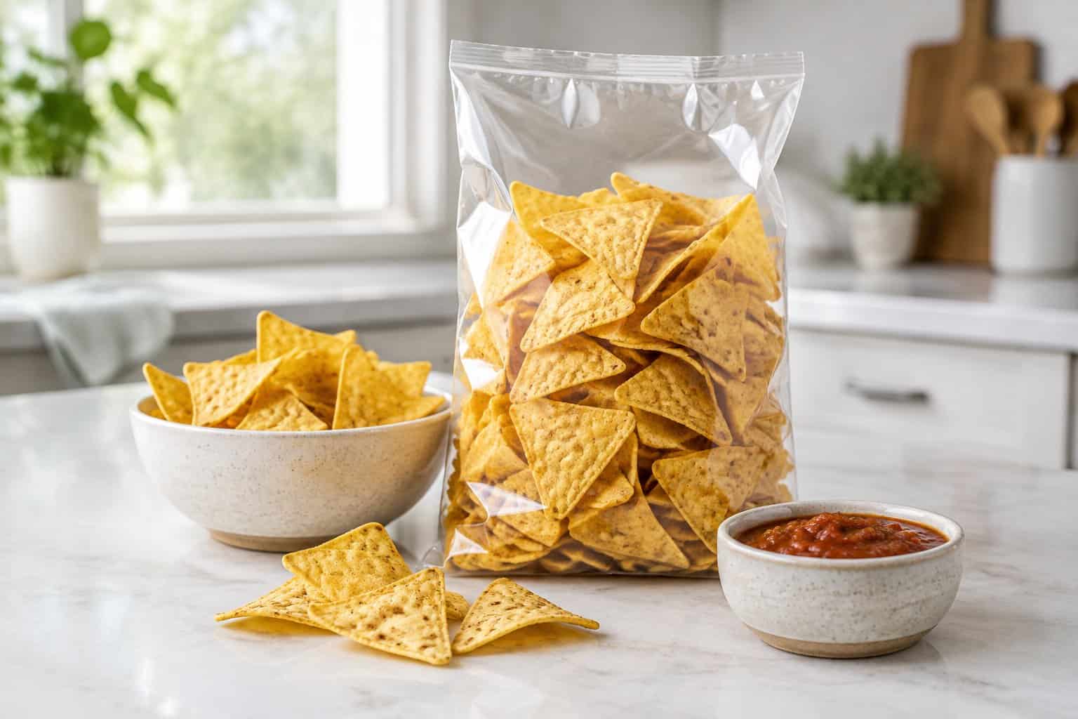 A bag of tortilla chips beside a bowl of chips and salsa on a kitchen counter.