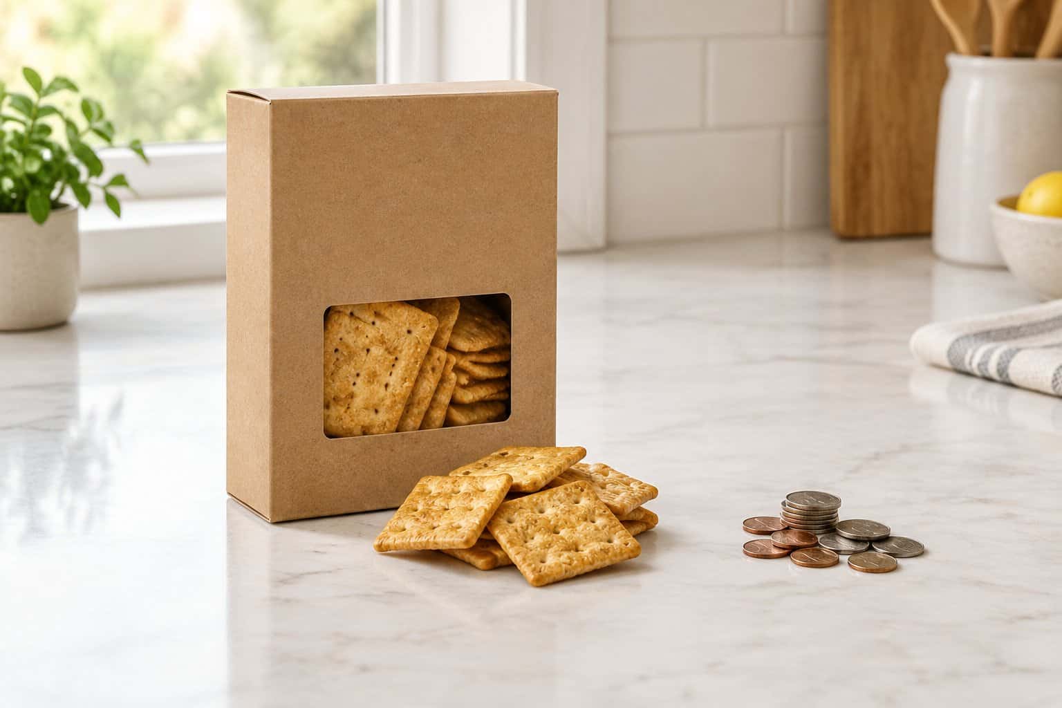 A plain box of crackers beside several crackers and a small pile of coins on a kitchen counter.