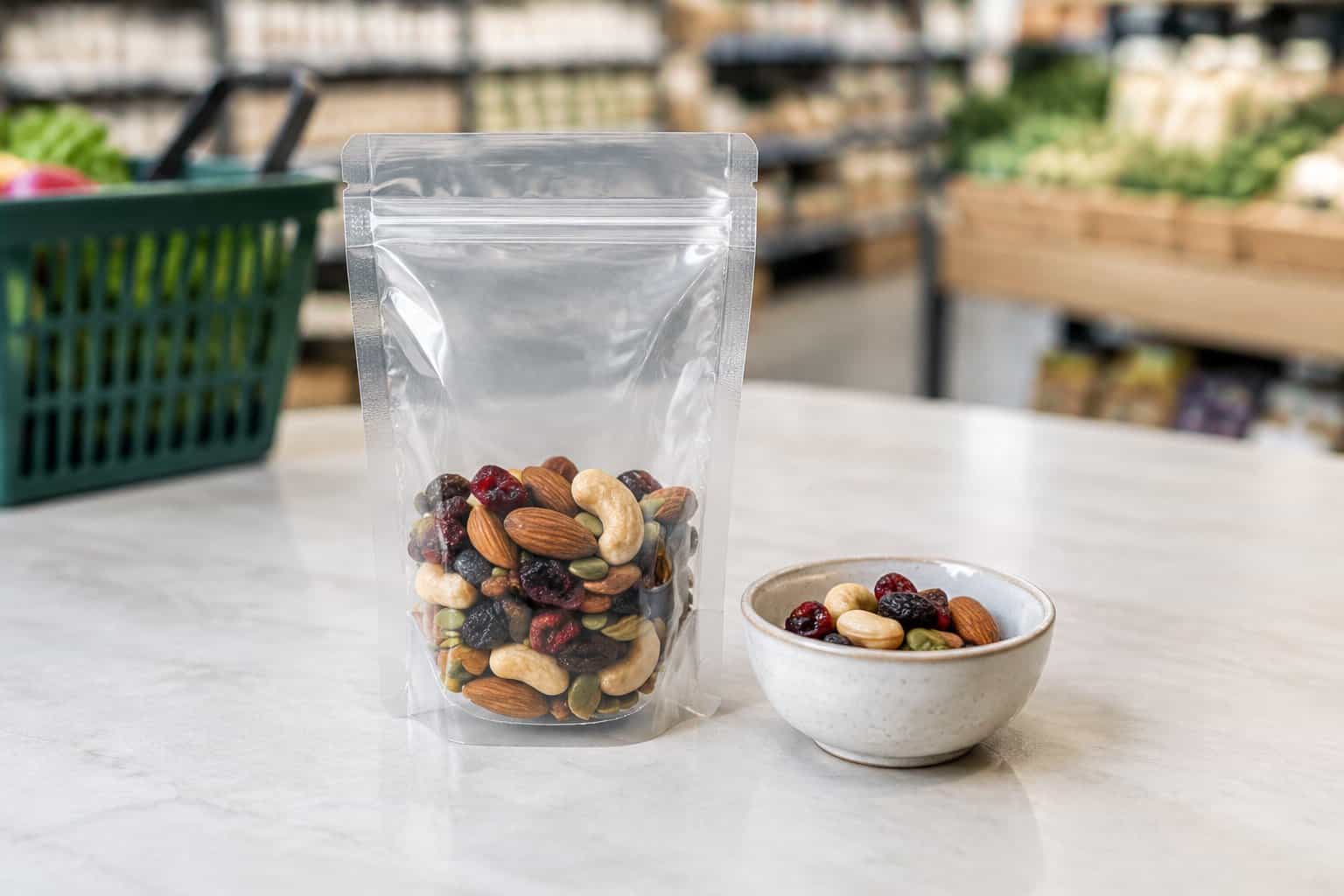 A small pouch of trail mix beside a bowl of nuts and dried fruit.