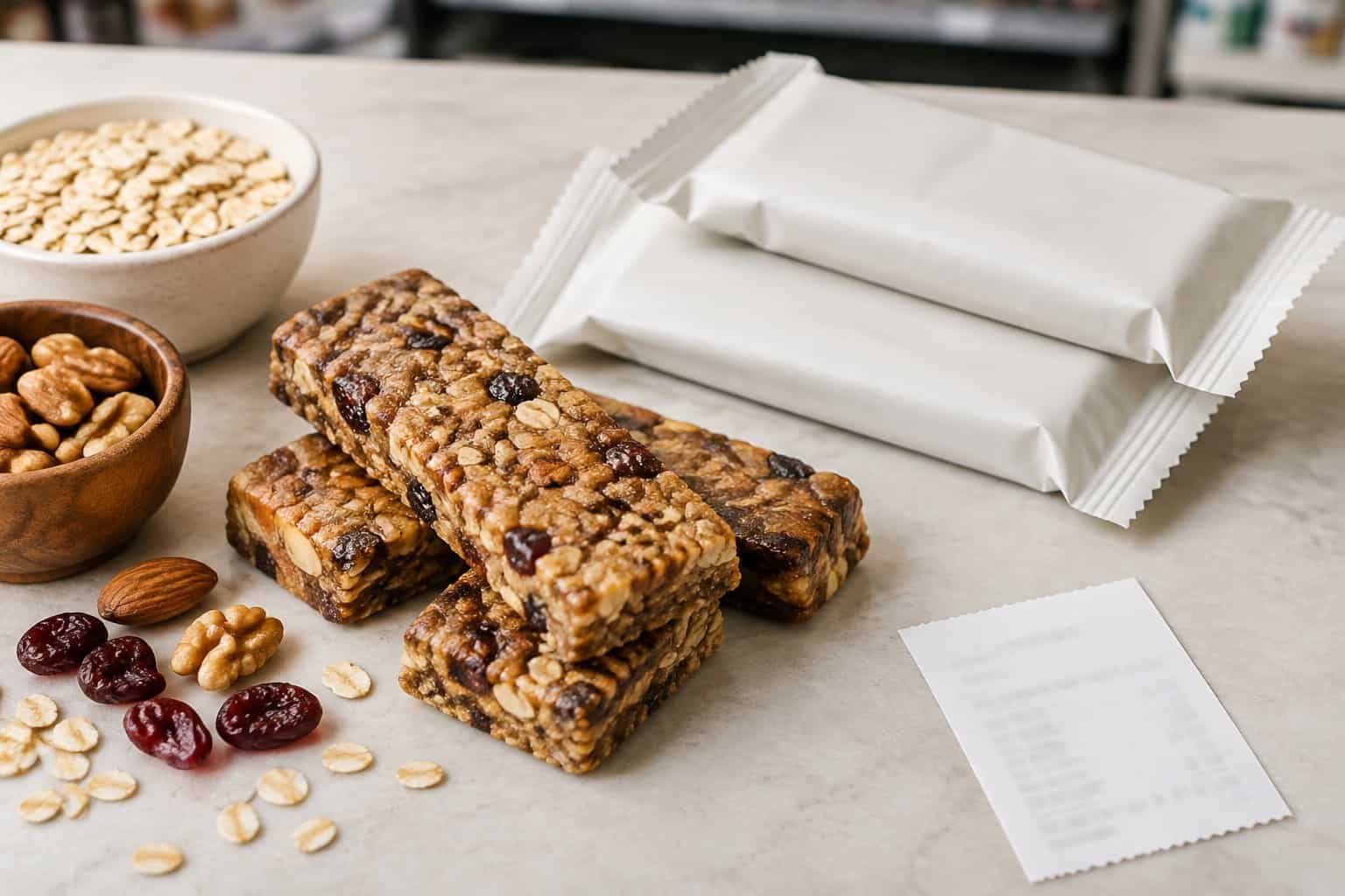 Protein bars in plain wrappers arranged beside oats, nuts, and dried fruit.