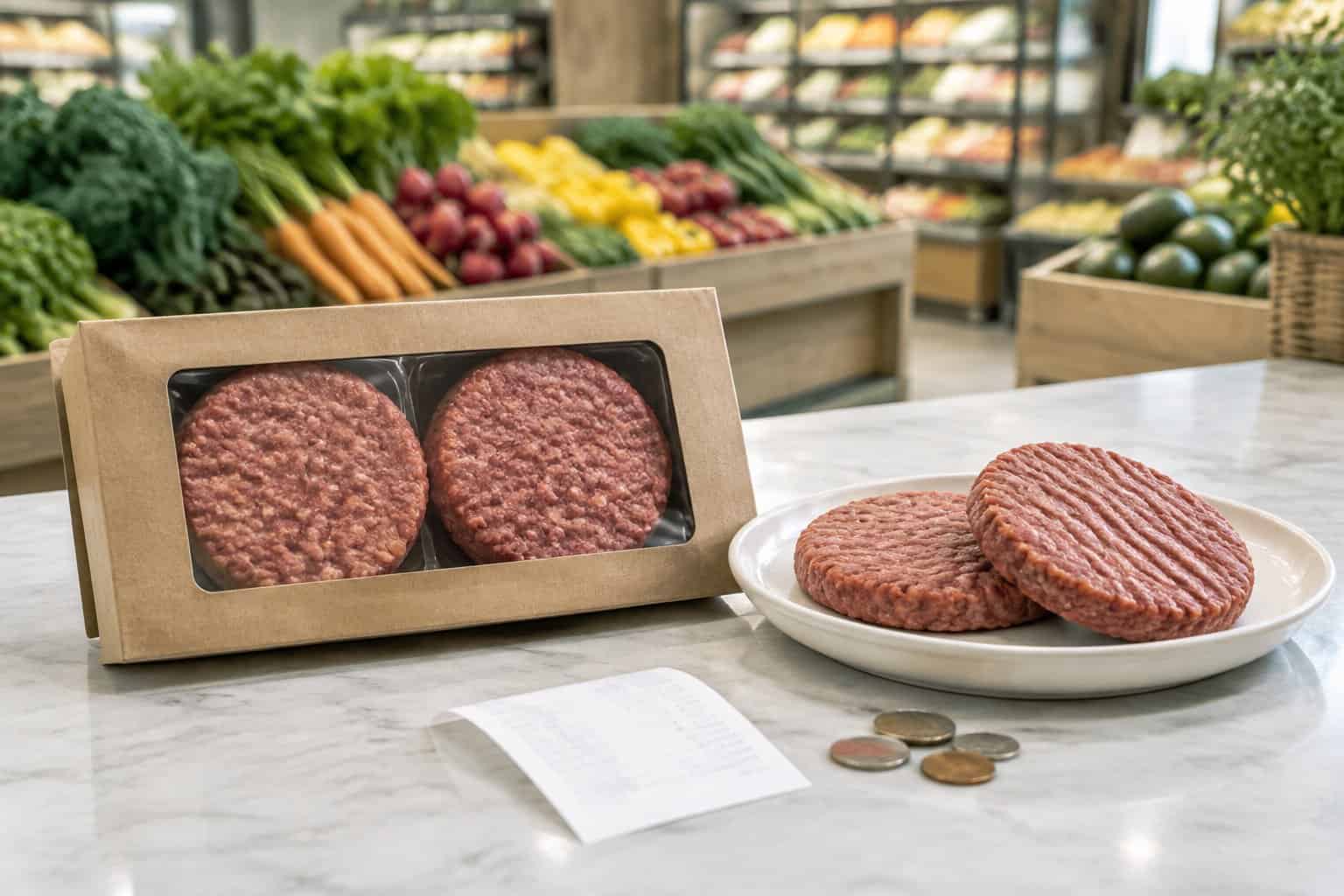 Plant-based burger patties beside a grocery receipt and coins on a kitchen counter.