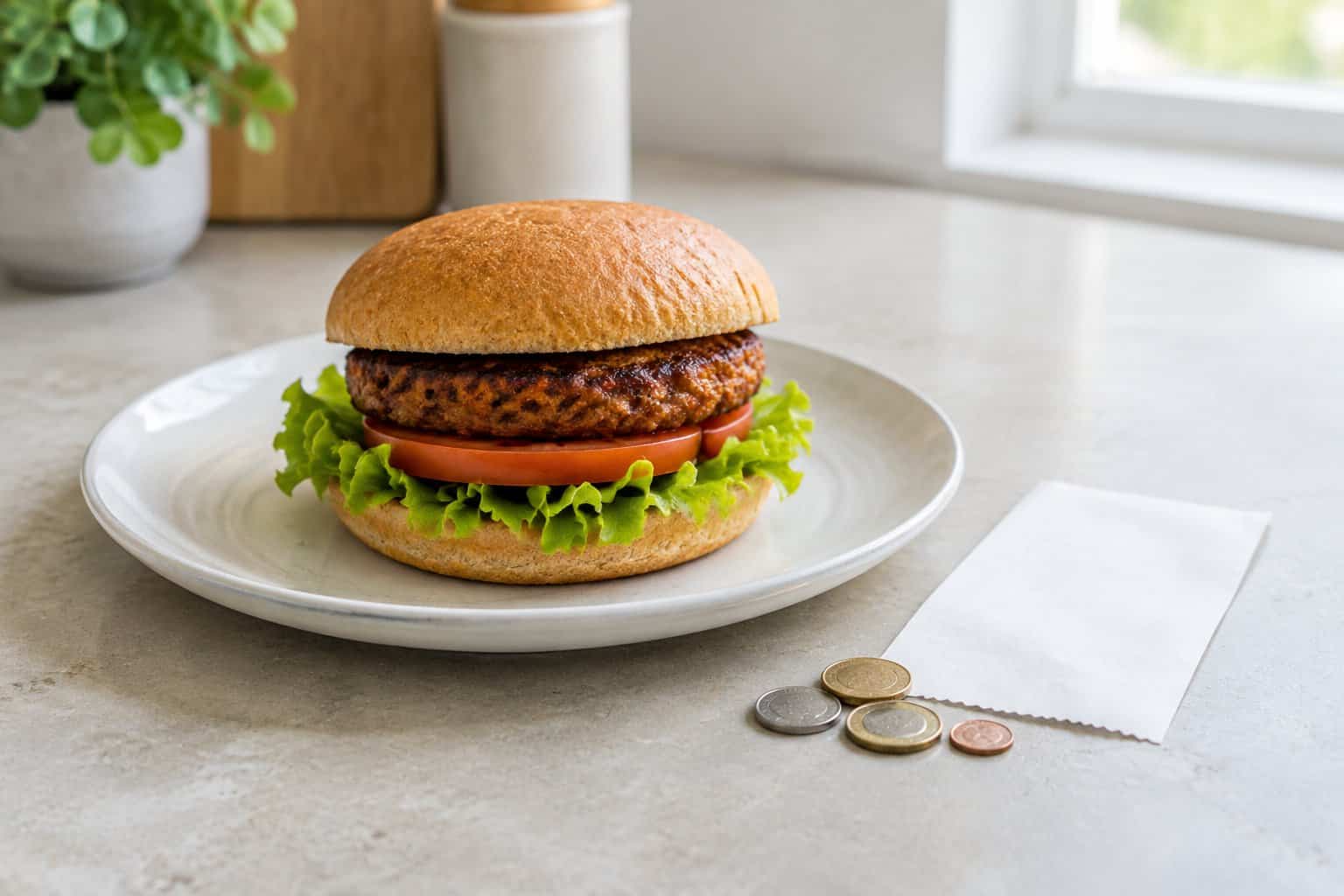 A plant-based burger sits beside a blank receipt and several coins.