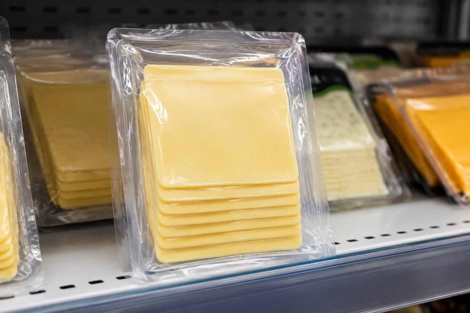 A package of vegan cheese slices on a grocery store shelf.