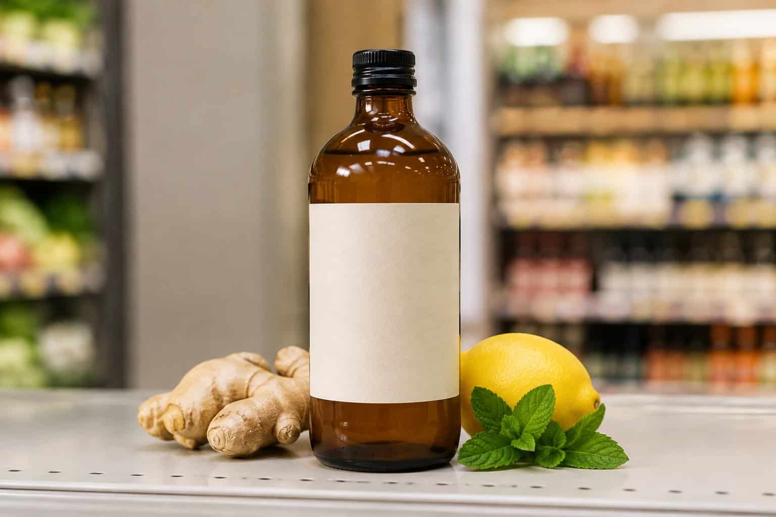 An amber bottle of kombucha stands on a grocery shelf beside ginger, lemon, and mint.