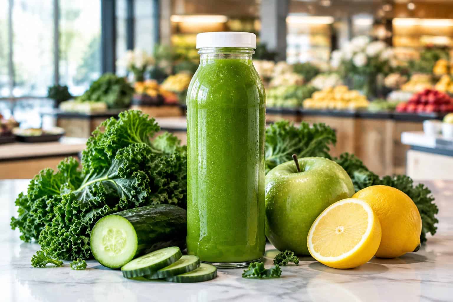 A bottle of green juice sits beside kale, cucumber, green apple, and lemon.