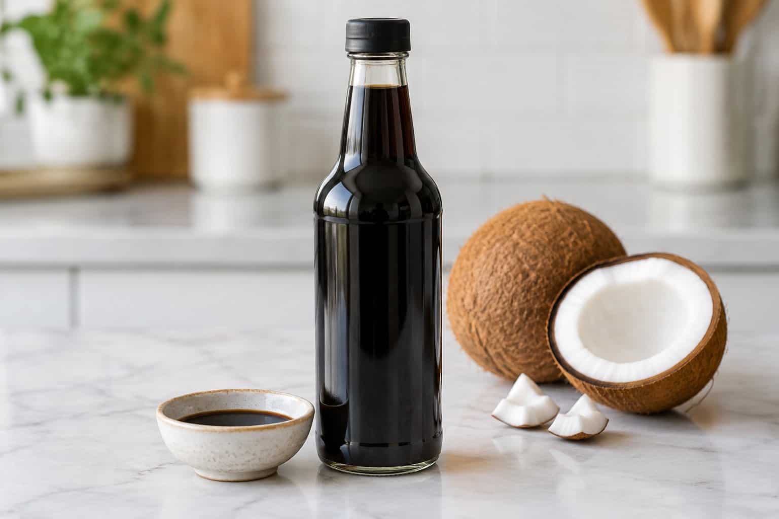 A dark bottle beside a small bowl of sauce and coconuts on a kitchen counter.