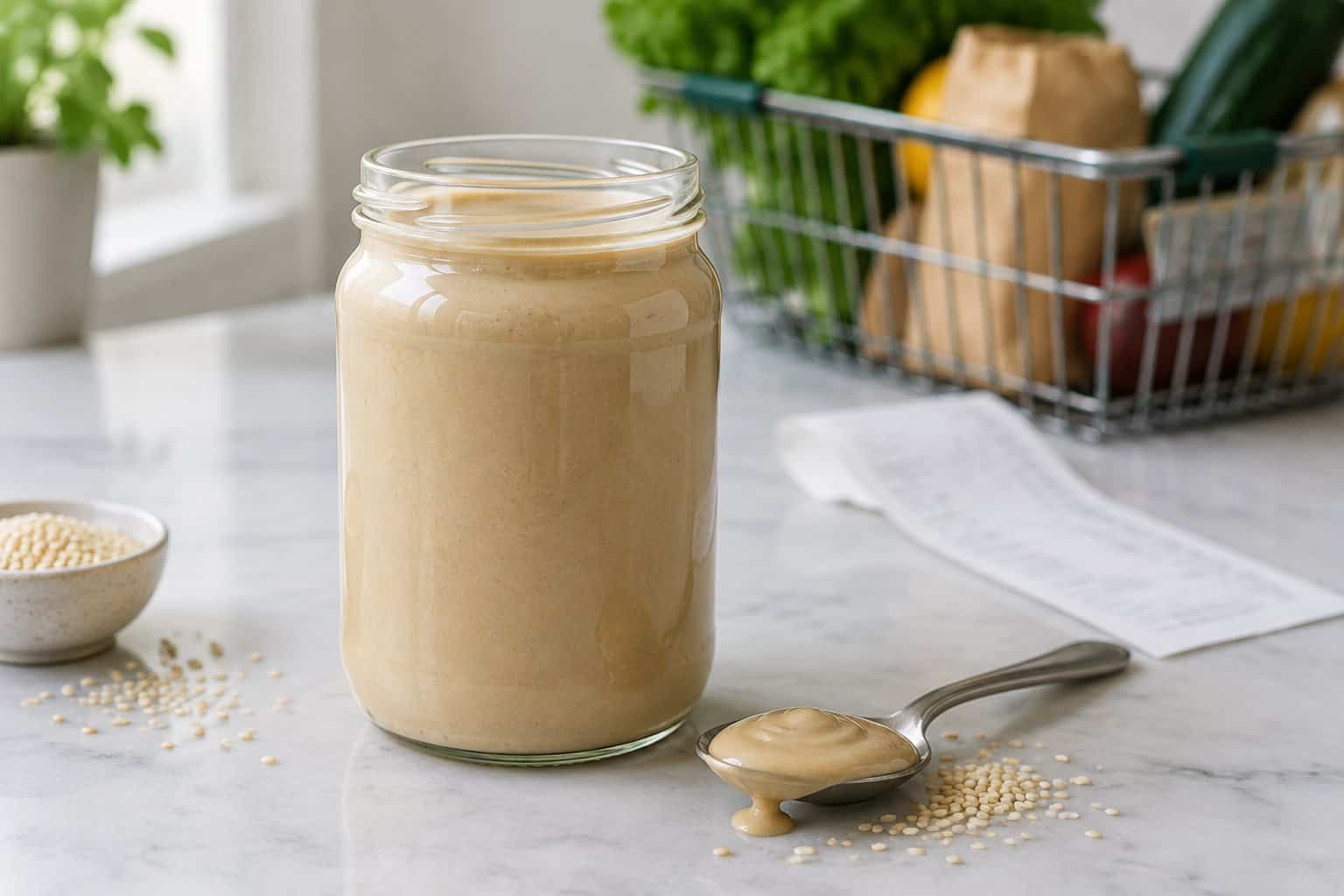 A jar of tahini sits on a kitchen counter beside a spoonful of sesame paste and a grocery receipt.
