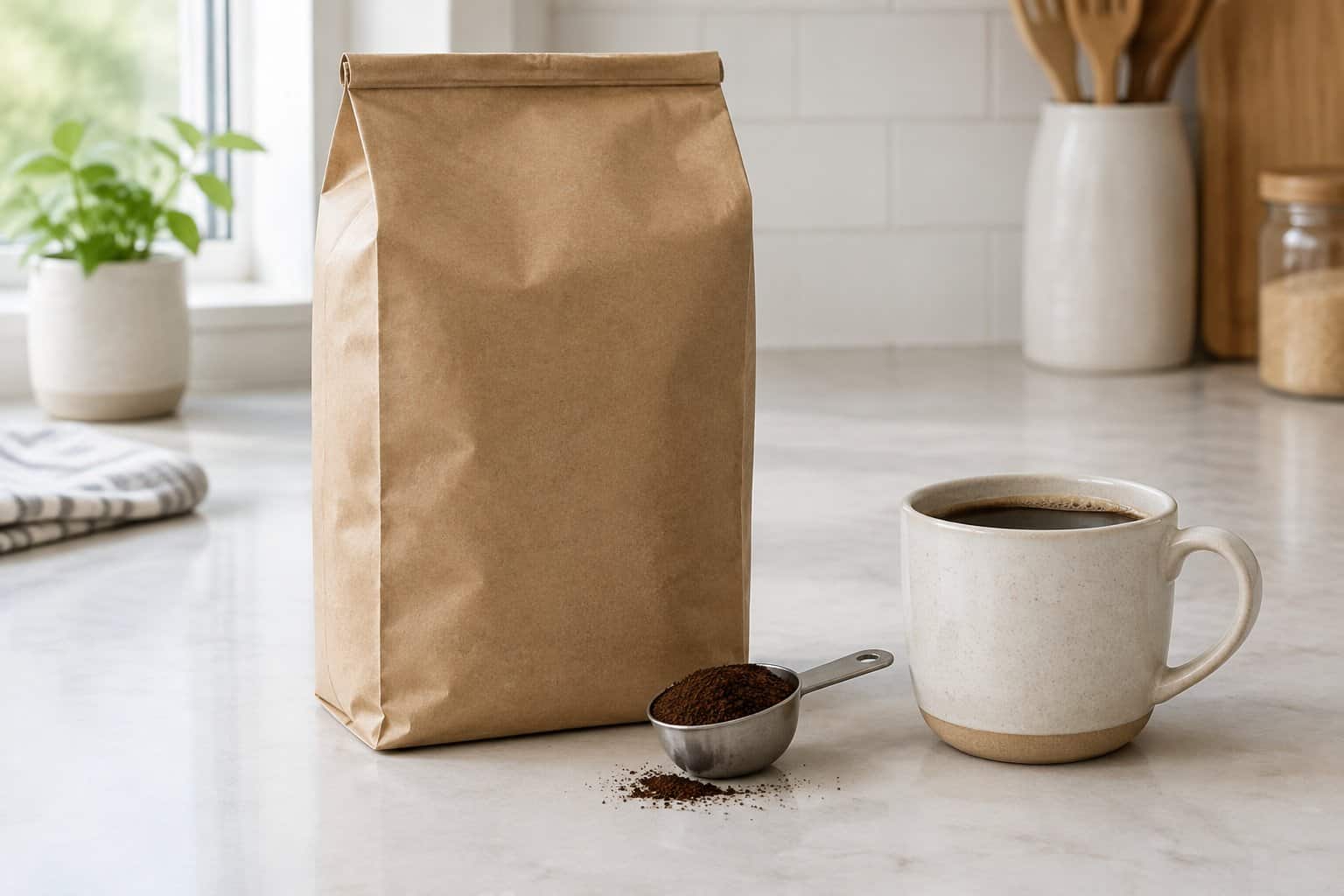A bag of ground coffee sits on a kitchen counter beside a scoop and a cup of brewed coffee.