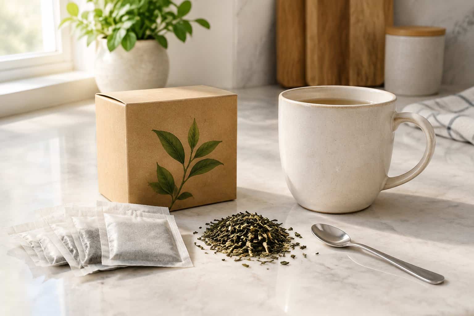 A box of tea bags, loose tea leaves, a teaspoon, and a mug on a kitchen counter.