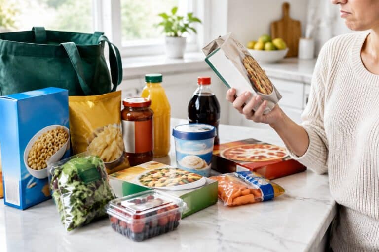 A shopper sorts assorted groceries on a kitchen counter.