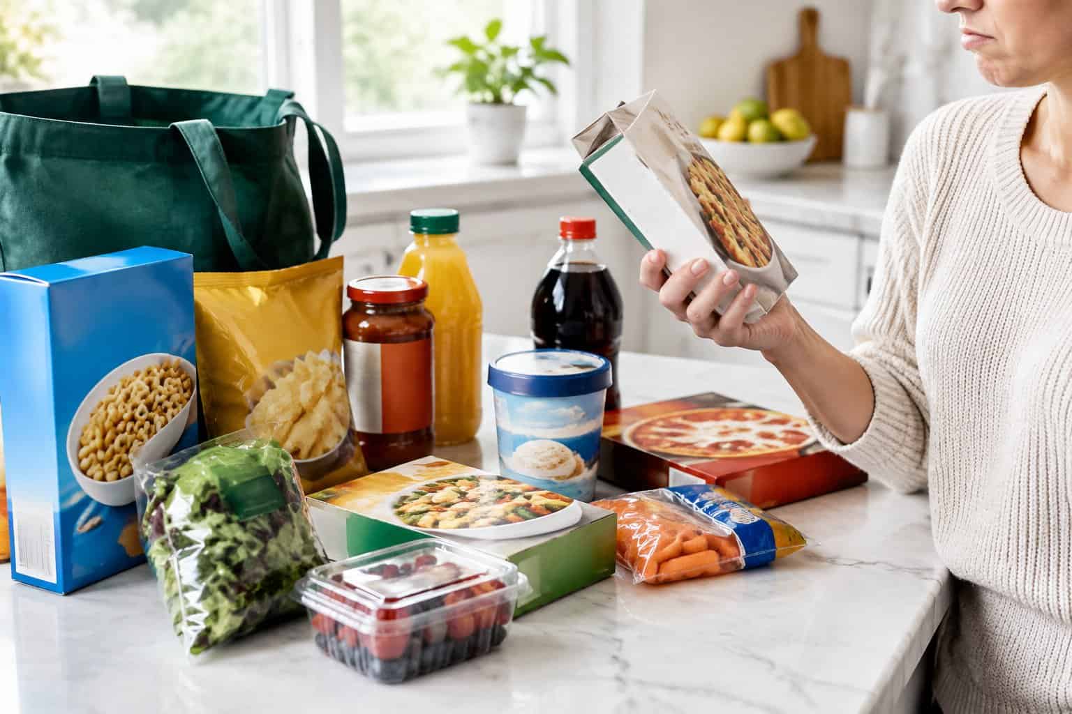 A shopper sorts assorted groceries on a kitchen counter.