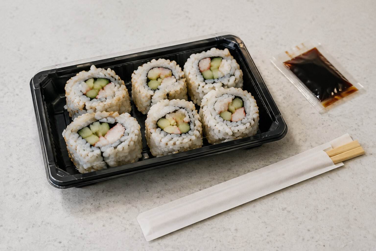 A tray of packaged sushi rolls sits beside chopsticks and a packet of soy sauce.