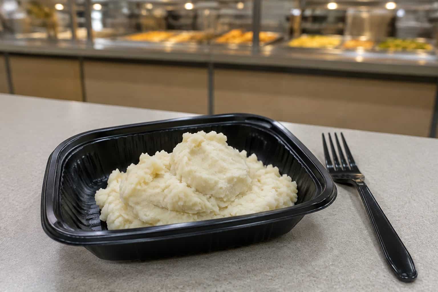 A portion of mashed potatoes in a takeout tray beside a plastic fork.