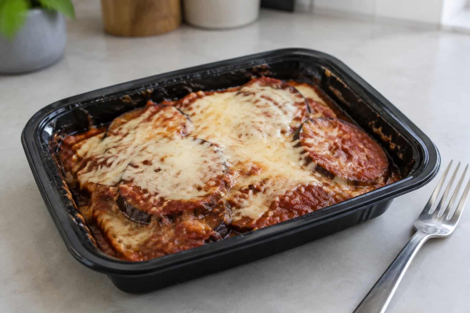 A takeout tray of eggplant Parmesan sits on a kitchen counter beside a fork.