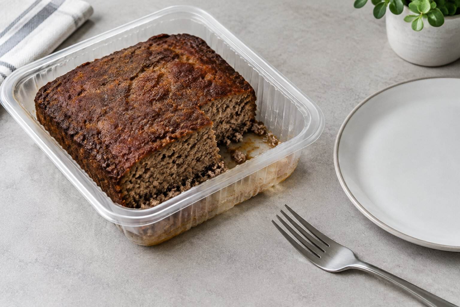 A packaged meatloaf sits on a kitchen counter beside a plate and fork.