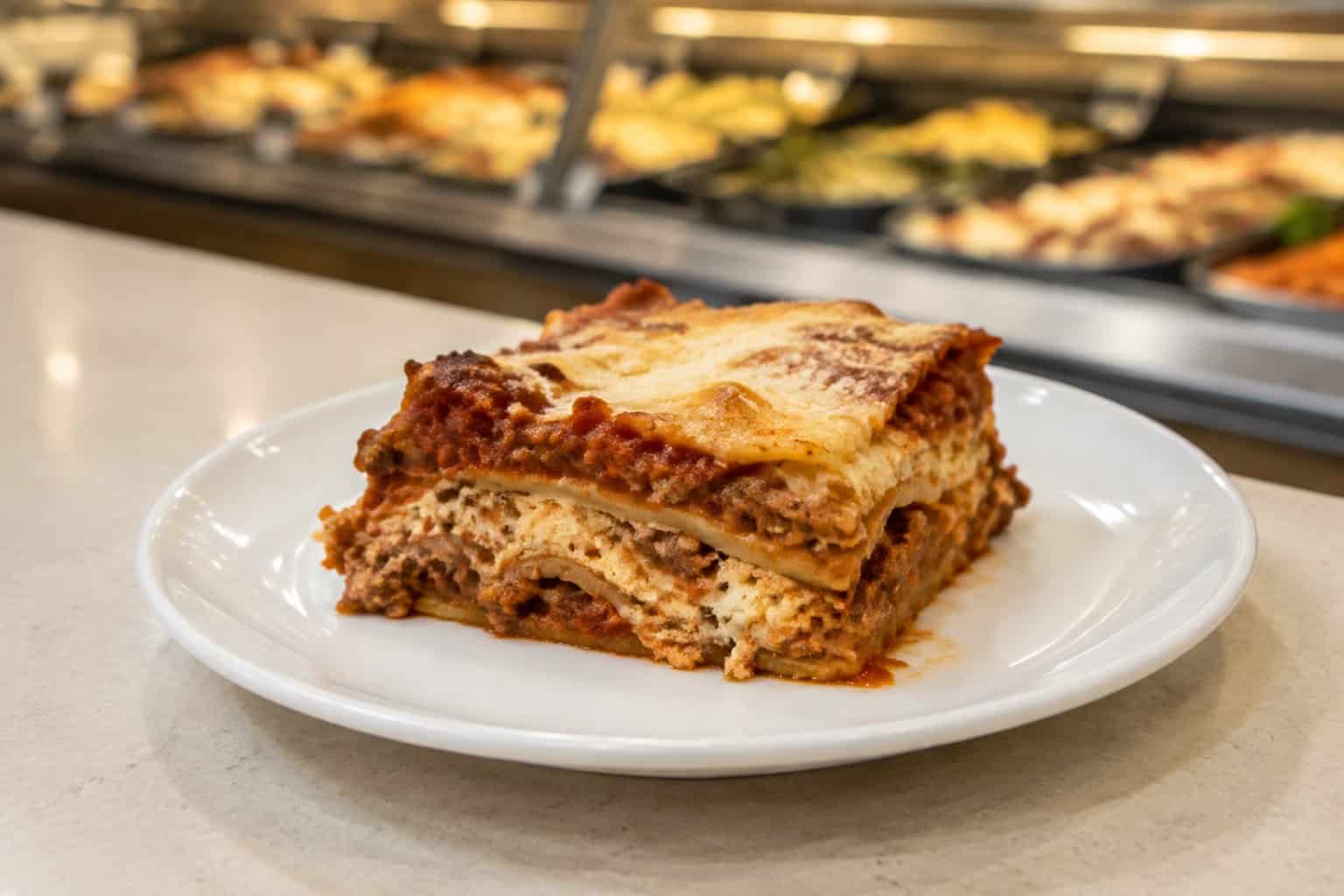 A slice of prepared lasagna on a white plate.