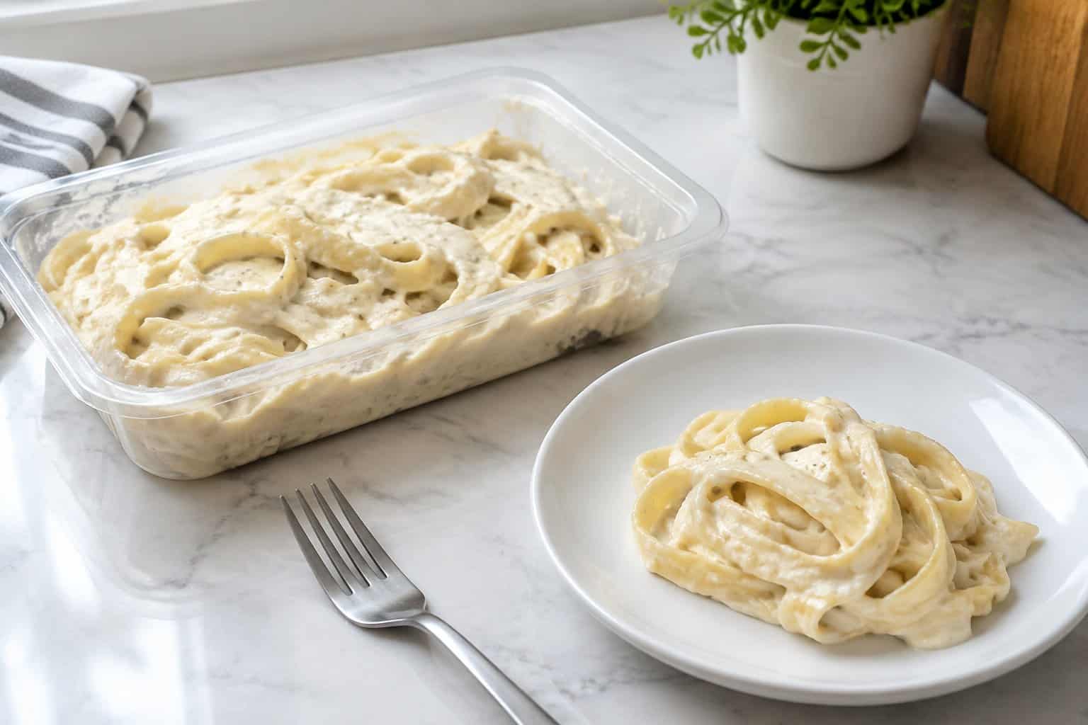 A tray of creamy fettuccine pasta beside a small serving on a plate.