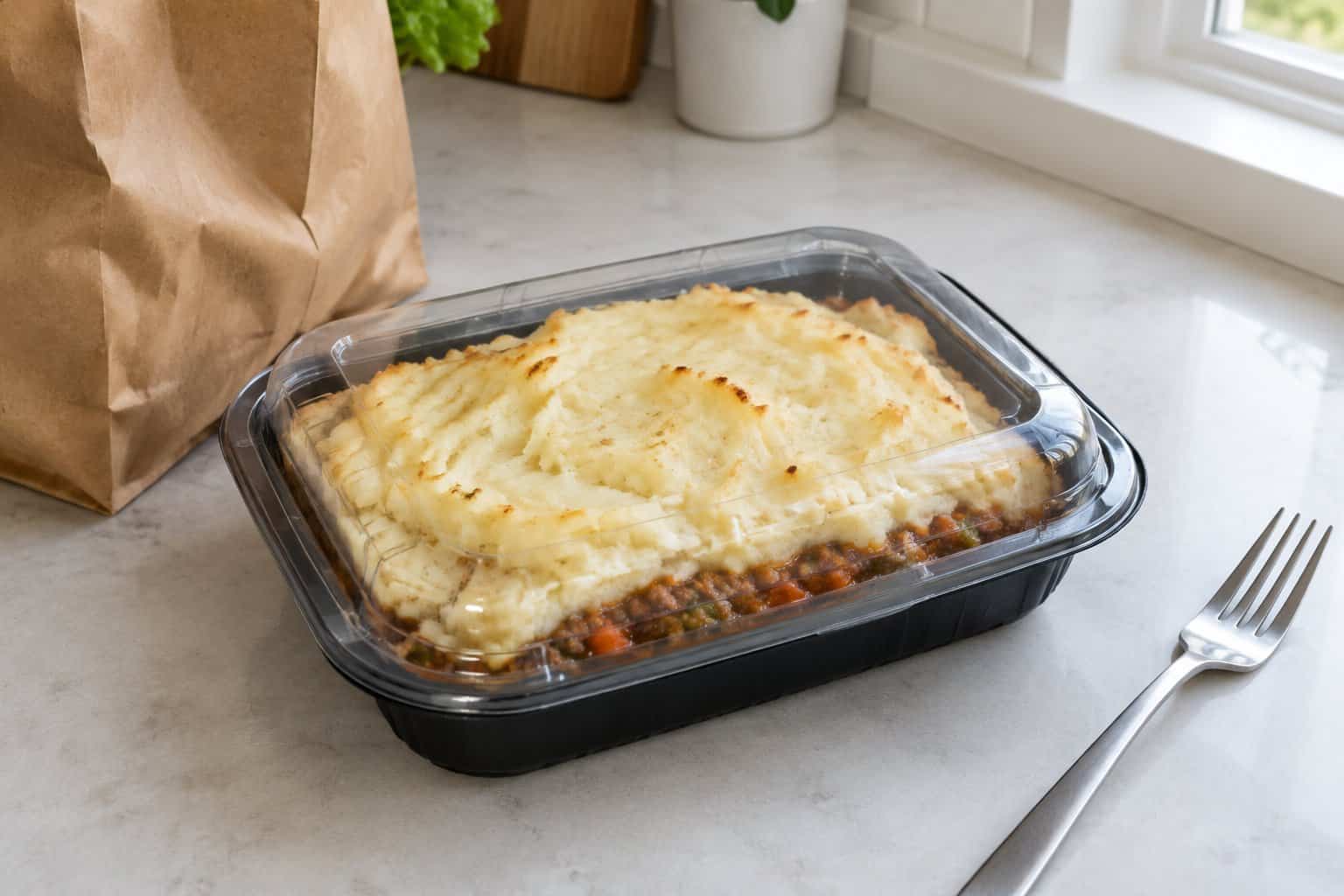 A prepared shepherd’s pie in a plastic tray on a kitchen counter.