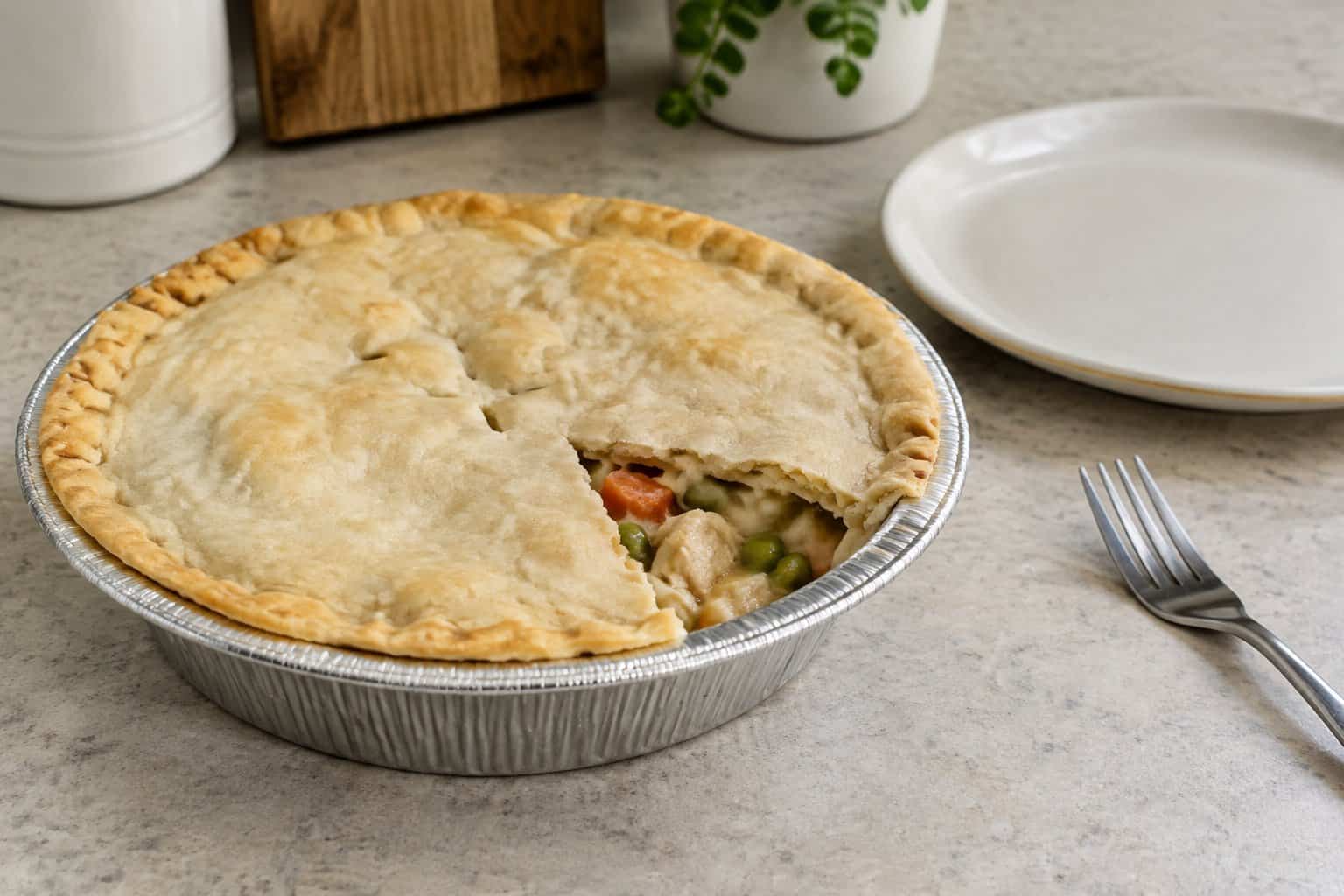 A prepared chicken pot pie in an aluminum baking tin on a kitchen counter.