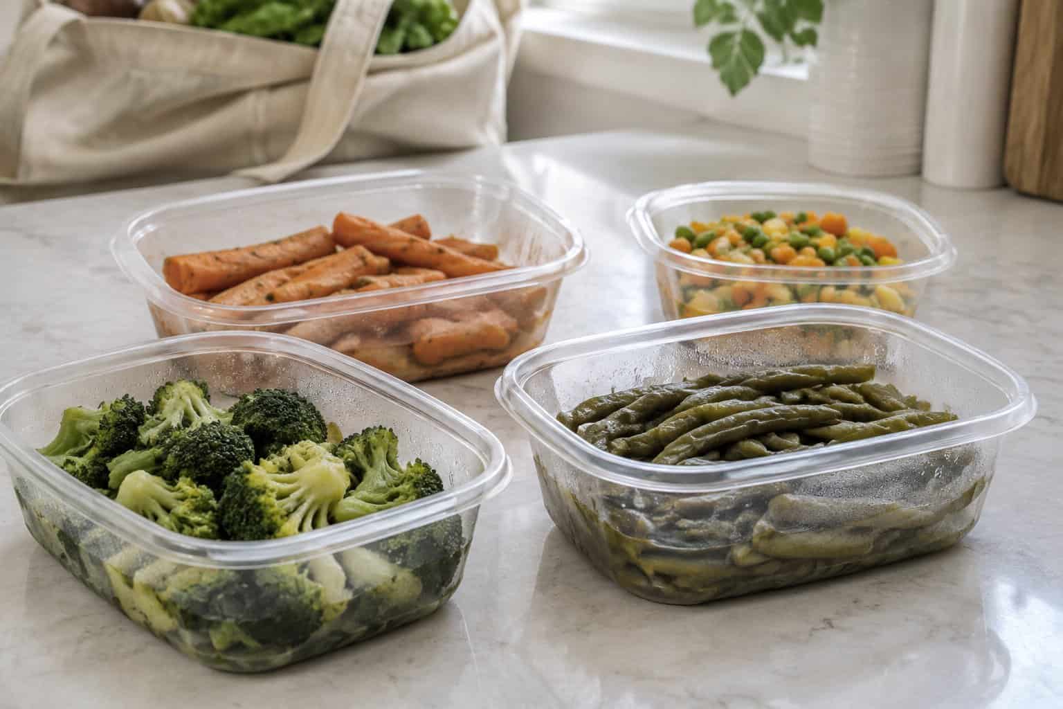 Containers of prepared broccoli, green beans, carrots, and mixed vegetables on a kitchen counter.