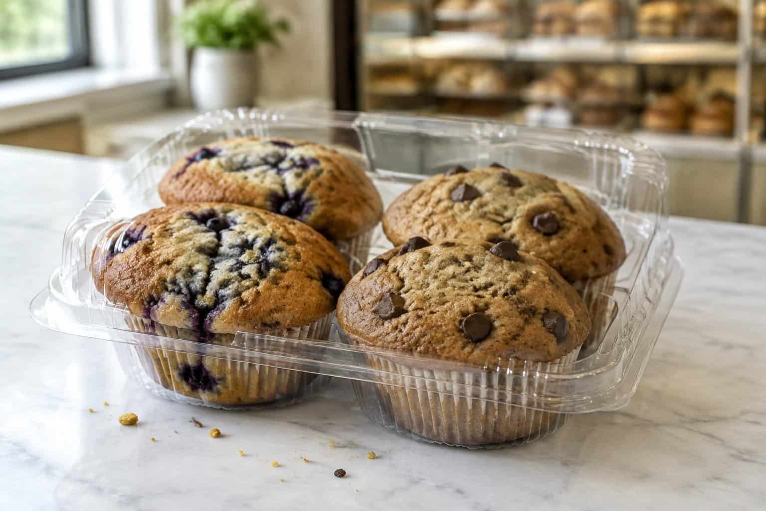 A clear container of blueberry and chocolate-chip muffins sits on a kitchen counter.