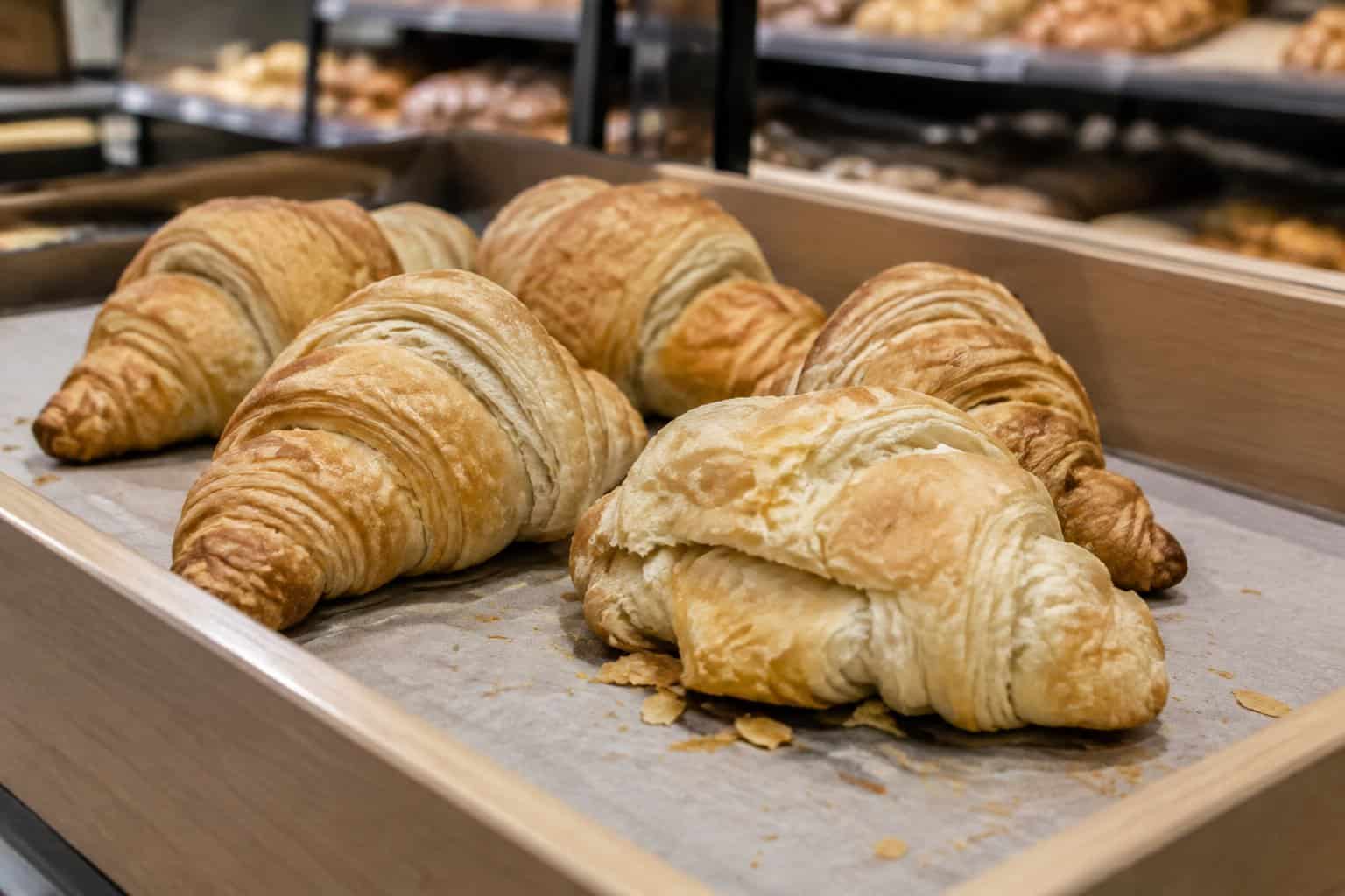 Unevenly baked croissants displayed on a bakery tray.