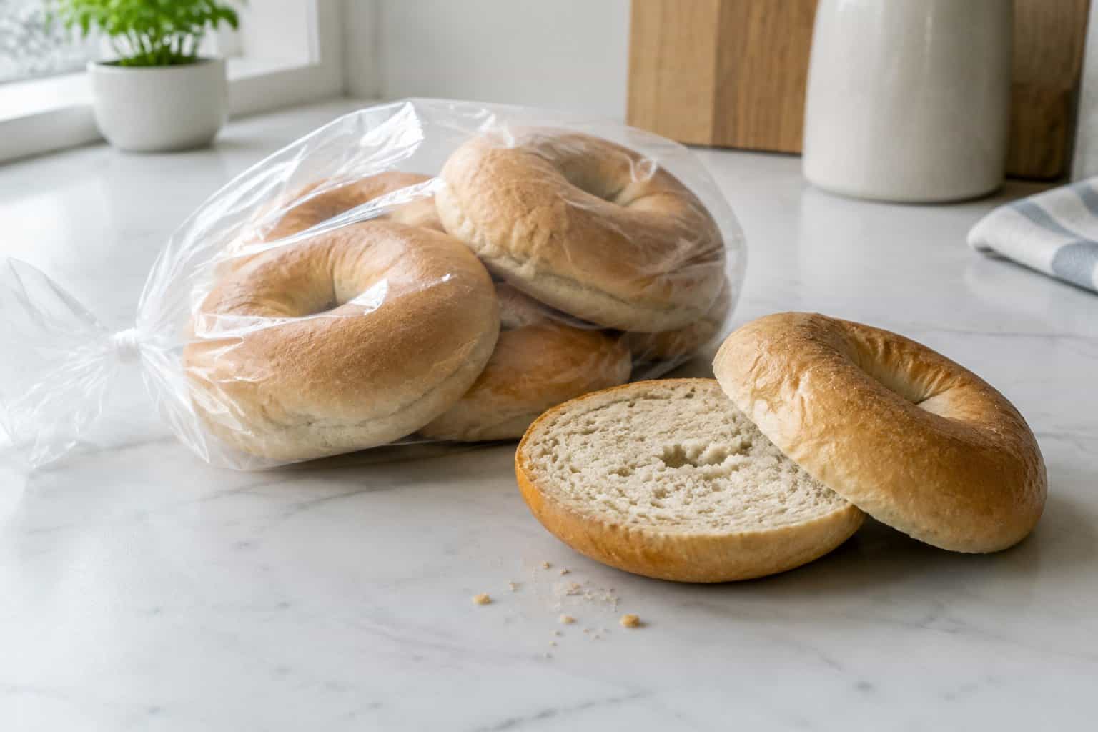A bag of plain bagels on a kitchen counter, with one cut open.
