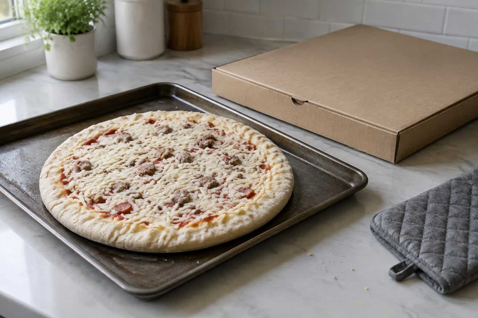 A plain frozen pizza with sparse toppings sits on a baking tray beside an unmarked pizza box.