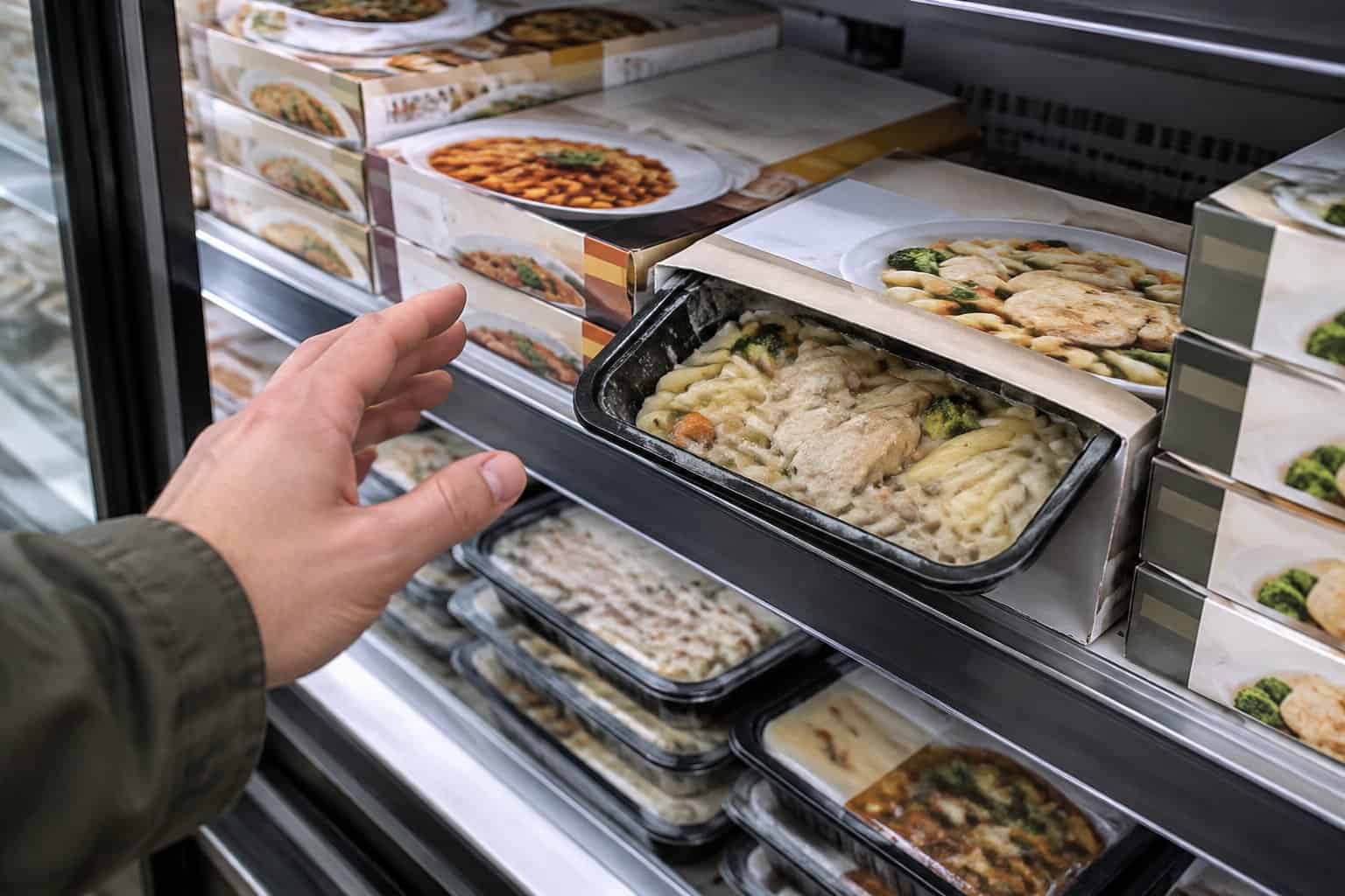 A shopper hesitates while choosing a frozen meal from a grocery store freezer.