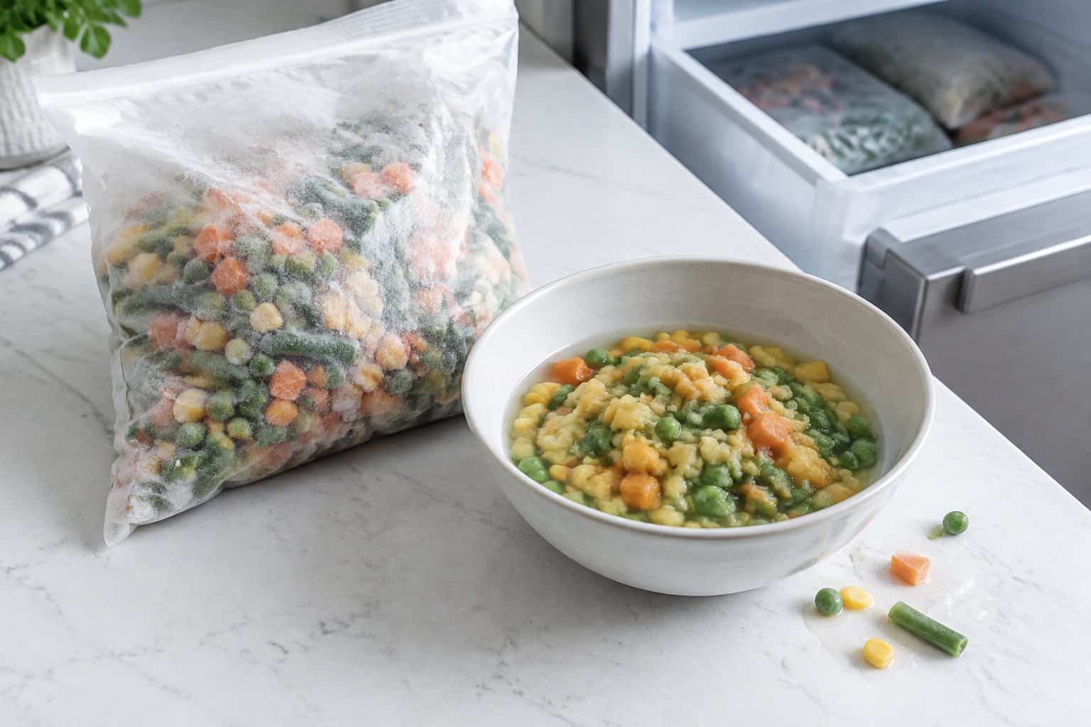 A generic bag of frozen mixed vegetables beside a bowl of thawed vegetables on a kitchen counter.