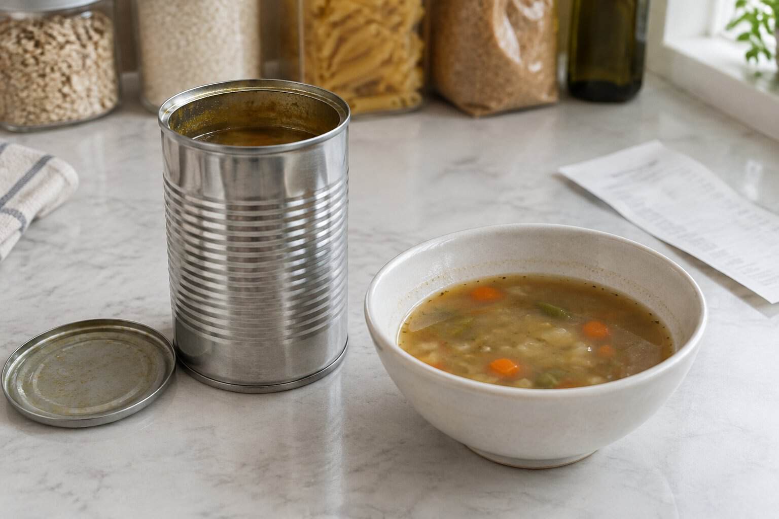 A can of vegetable soup sits beside a bowl of soup on a kitchen counter.