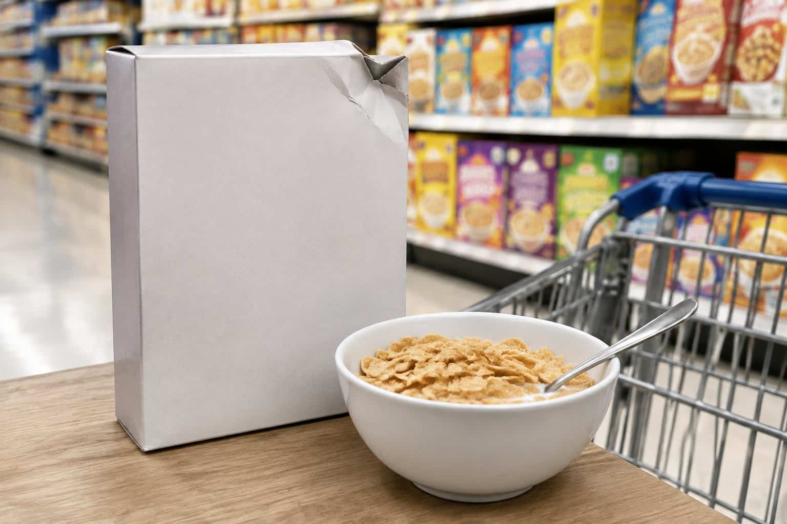 A generic cereal box and bowl of cereal beside a shopping cart in a grocery aisle.