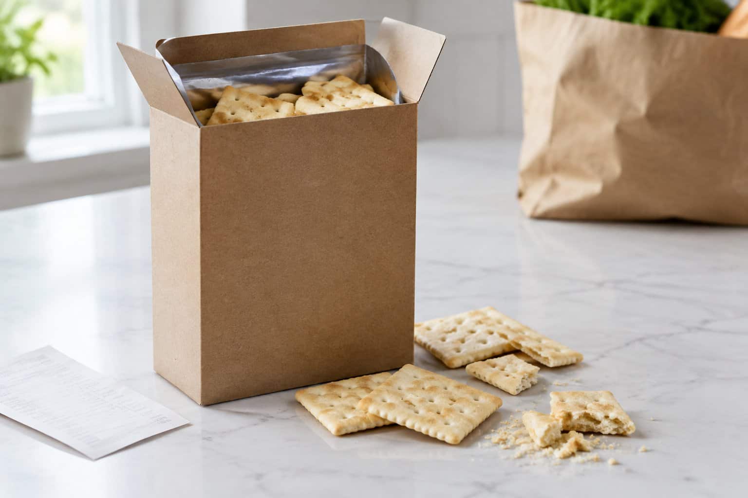 An open box of crackers sits on a kitchen counter beside several scattered crackers.