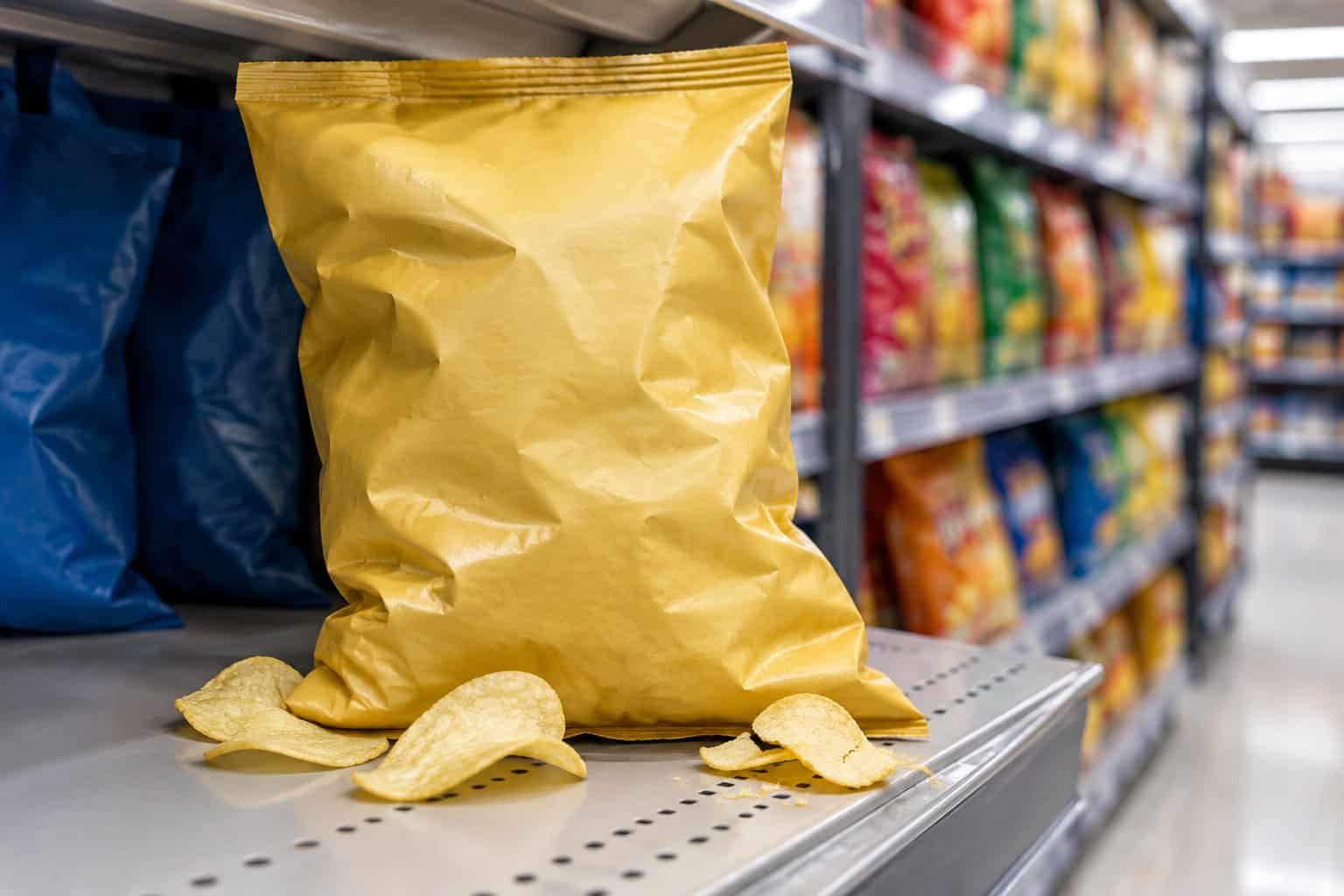 A plain bag of potato chips sits on a grocery store shelf beside a few scattered chips.