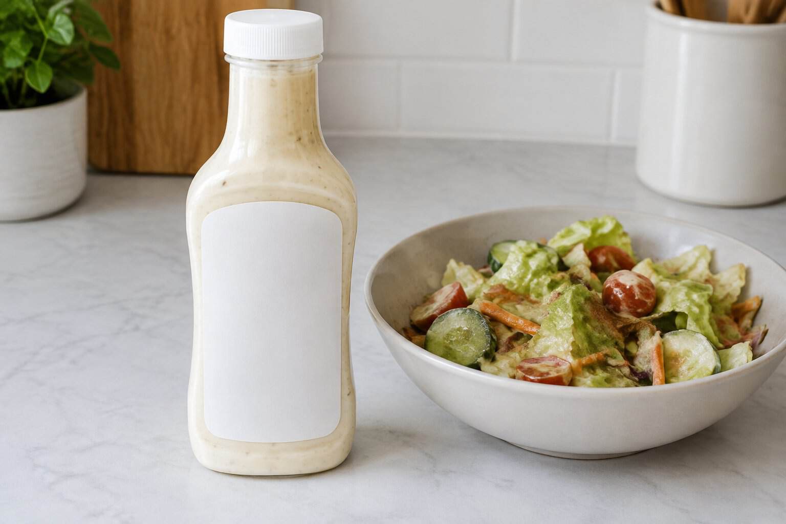 A bottle of salad dressing beside a small, wilted salad on a kitchen counter.