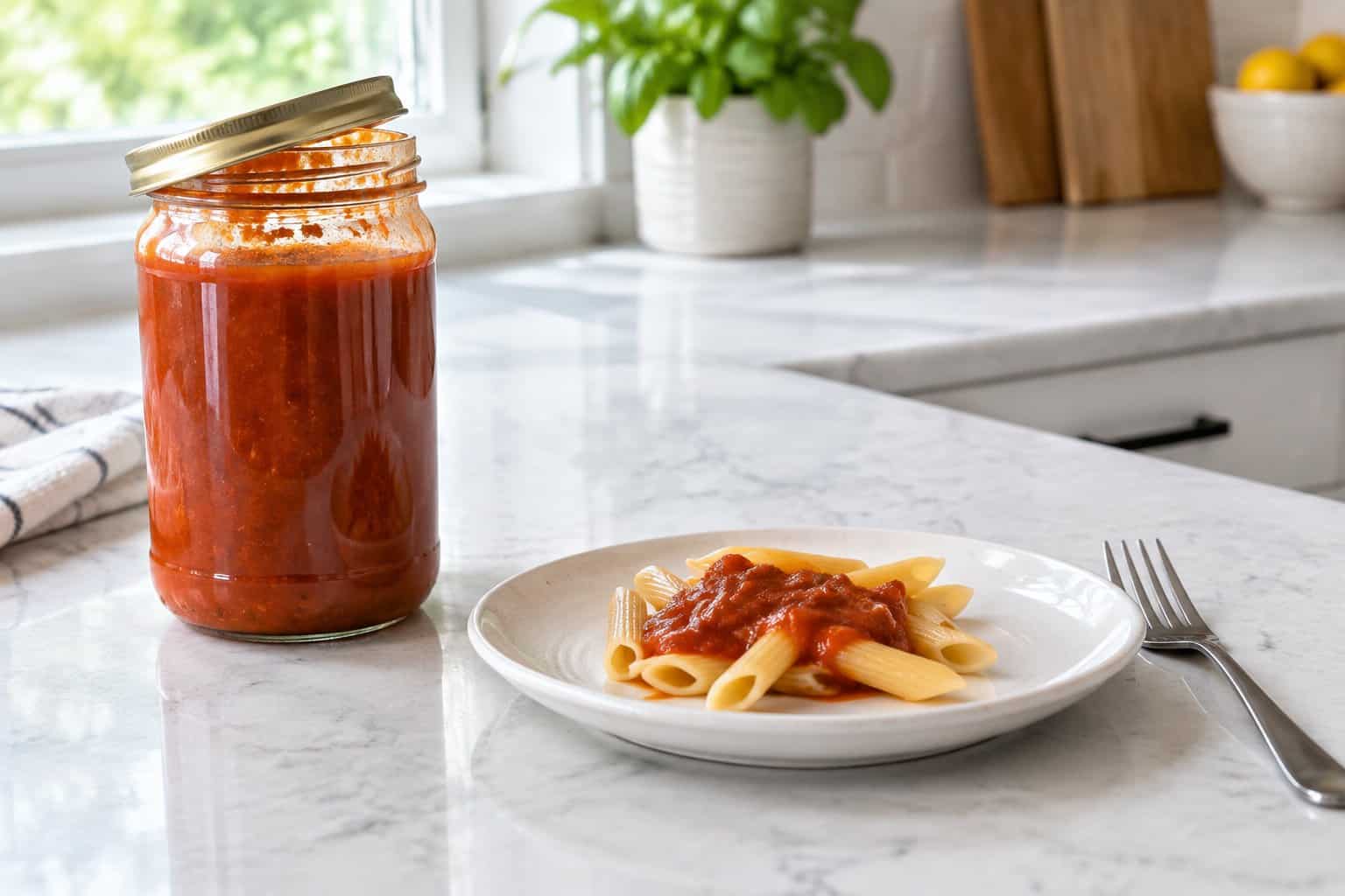 A plain jar of tomato sauce sits beside a plate of pasta on a kitchen counter.