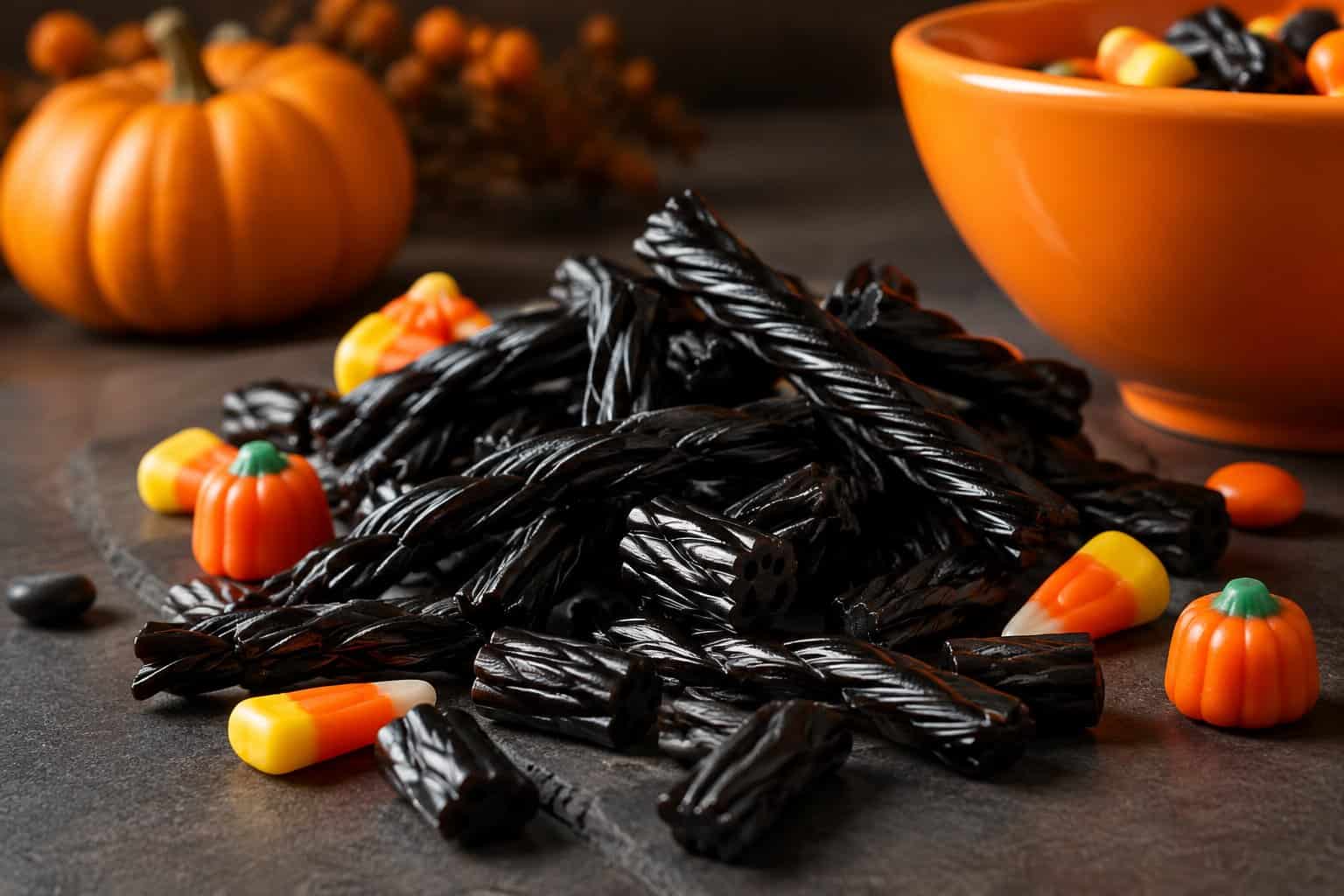 Black licorice twists and pieces beside a bowl of assorted Halloween candy.